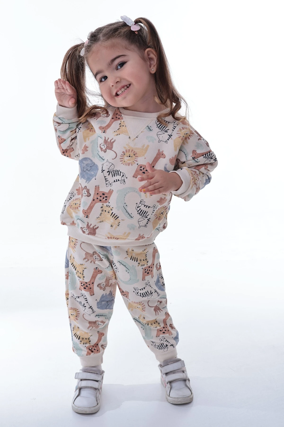 Kız Çocuk Renkli Hayvan Desenli Sweatshirt Jogger Takım | Yumuşak Rahat Günlük Giyim
