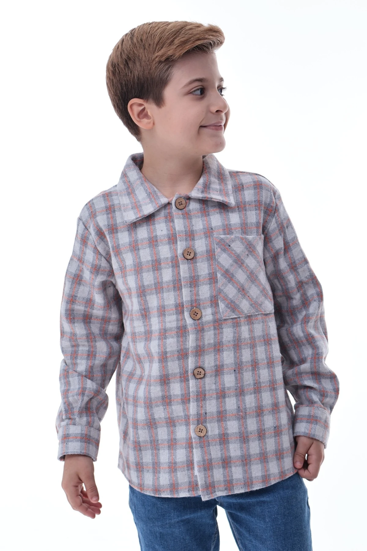 Gri Turuncu Ekose Erkek Çocuk Oduncu Gömlek Düğmeli Rahat Kalıp