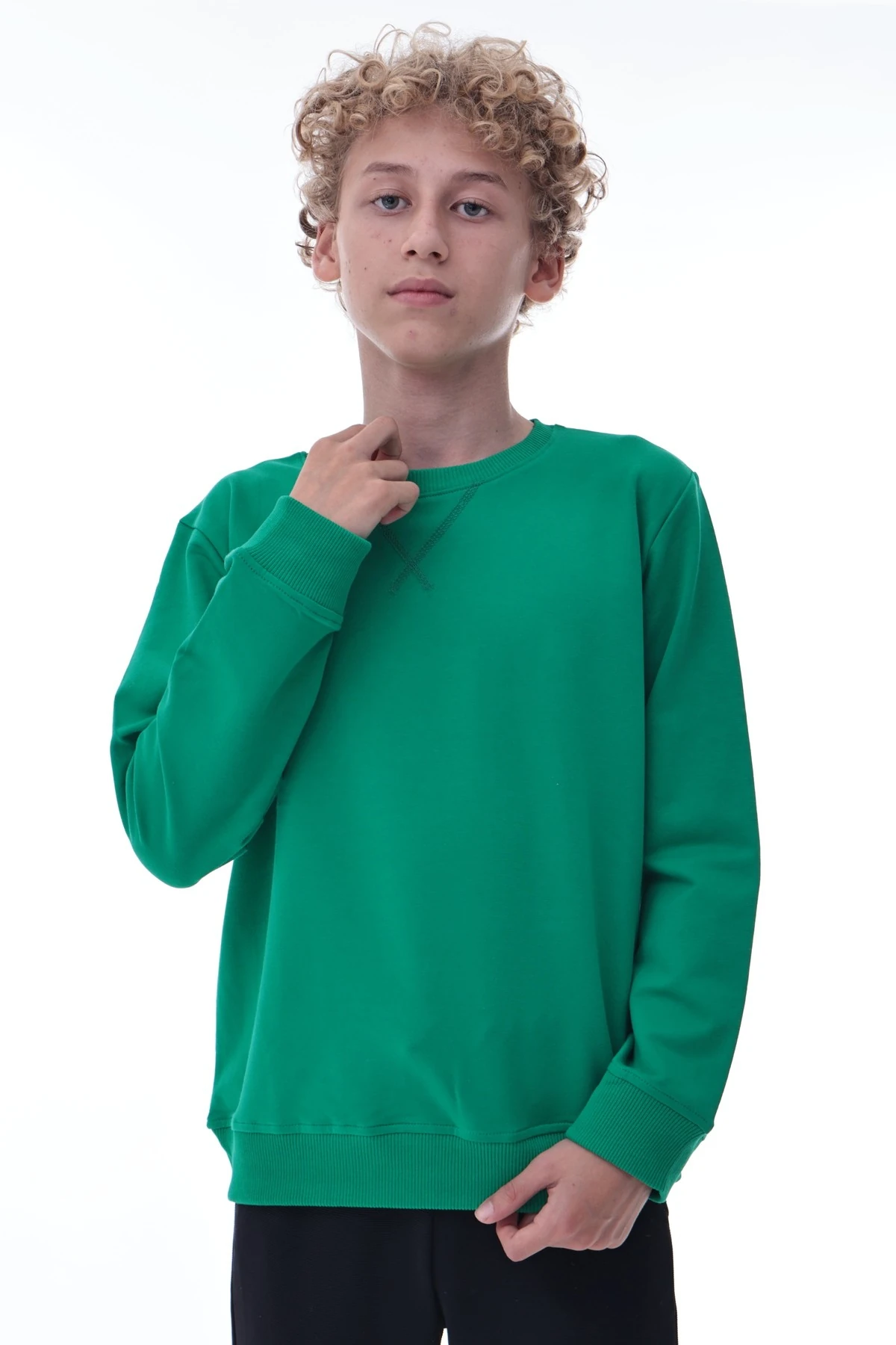 Yeşil Erkek Çocuk Sweatshirt – Rahat Kalıp Pamuklu İki İplik Kumaş