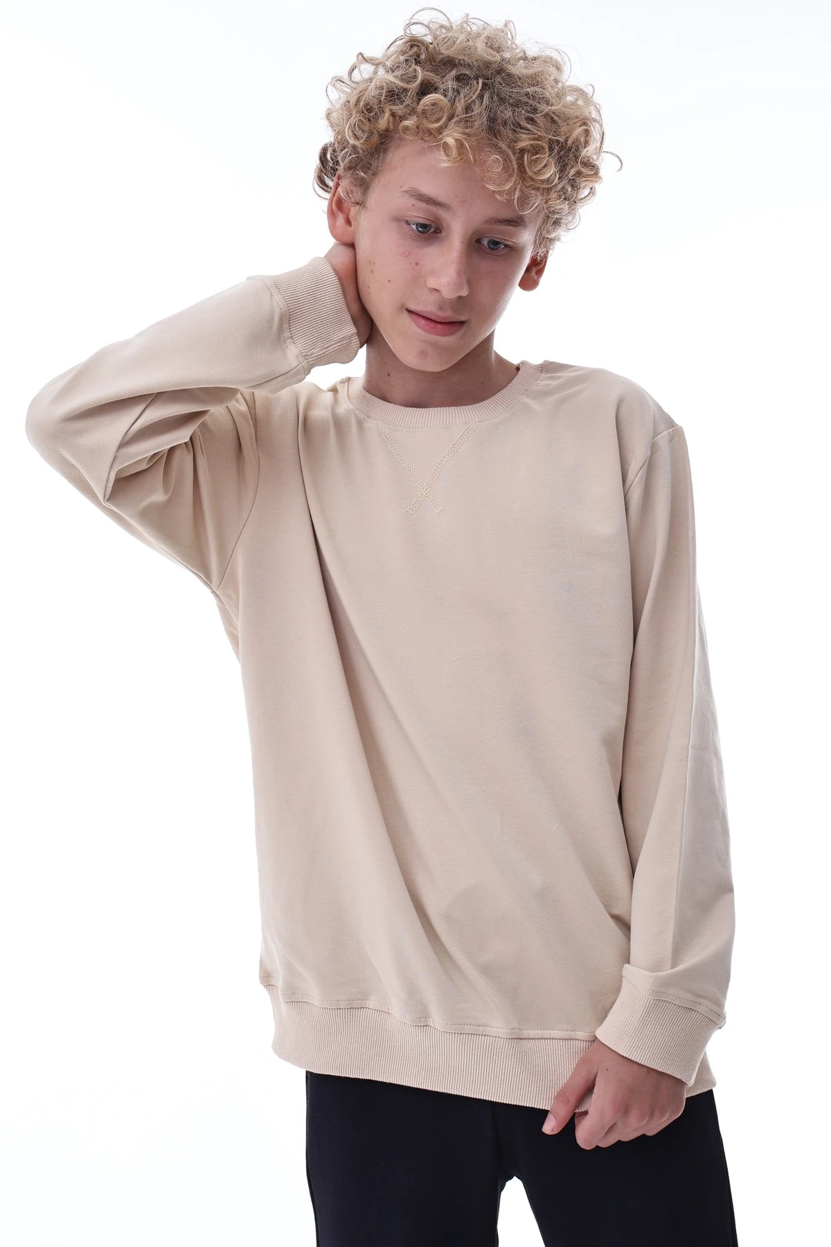 Bej Erkek Çocuk Sweatshirt – Rahat Kalıp Pamuklu İki İplik Kumaş