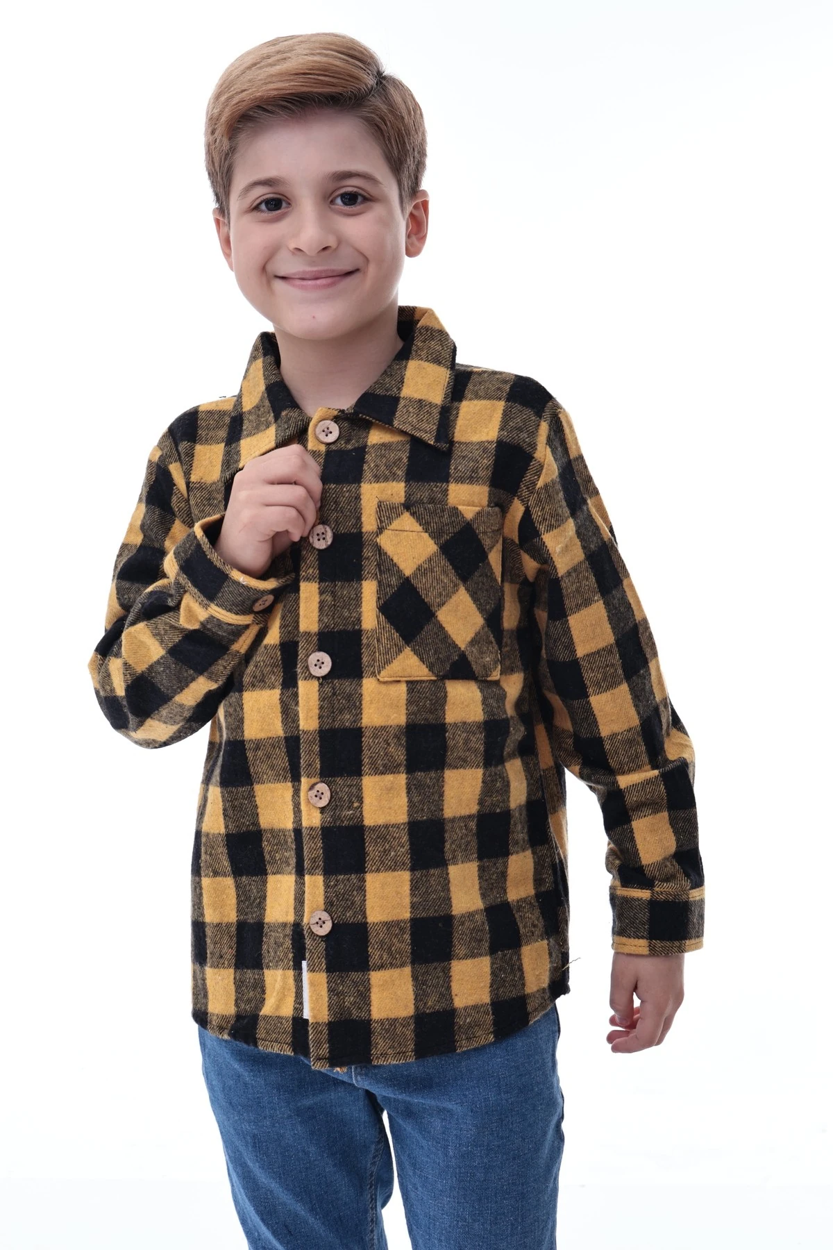 Sarı Siyah Ekose Erkek Çocuk Oduncu Gömlek Kalın Kumaş Düğmeli