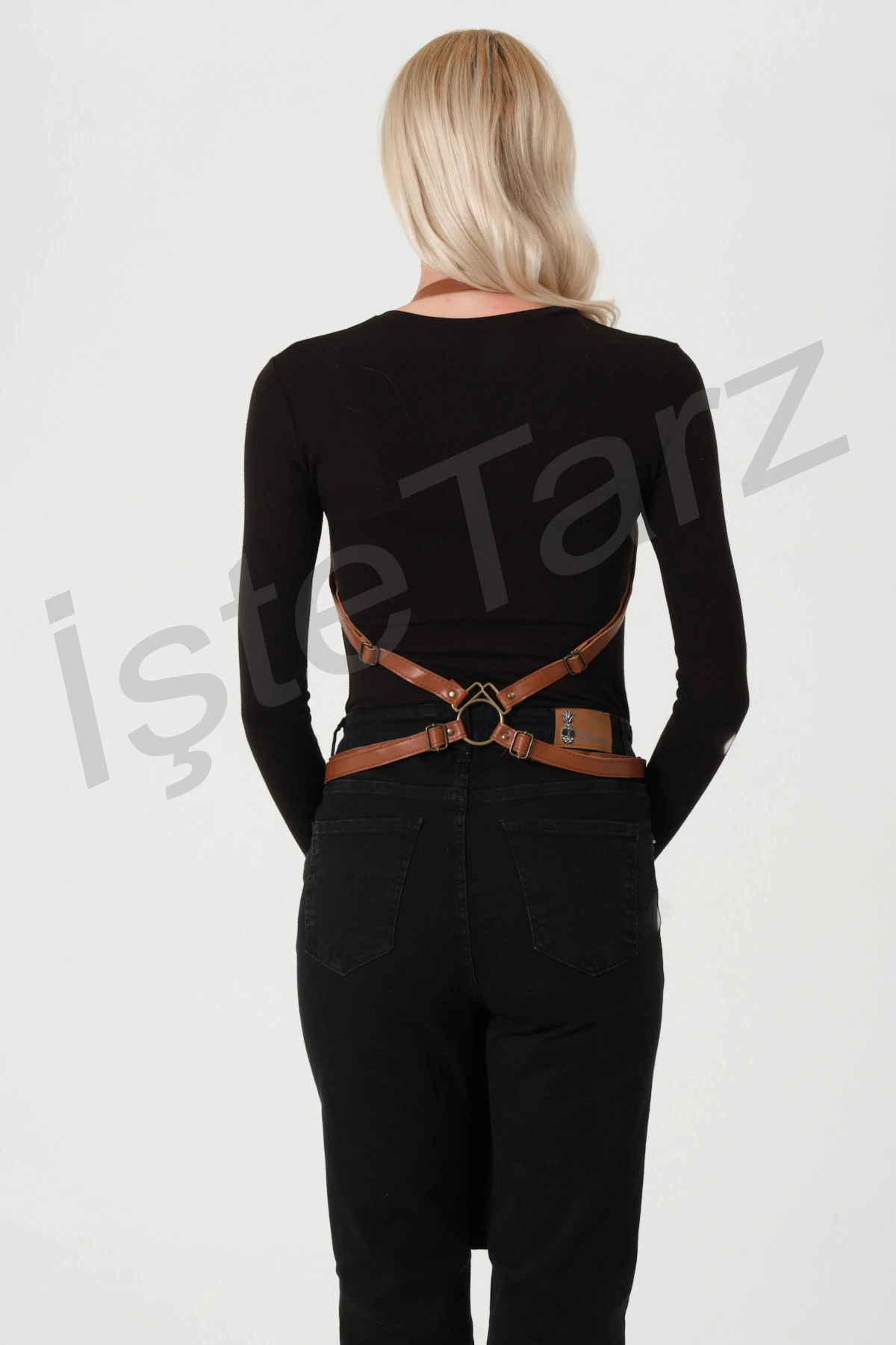 Deri Cepli Gabardin Önlük - Siyah