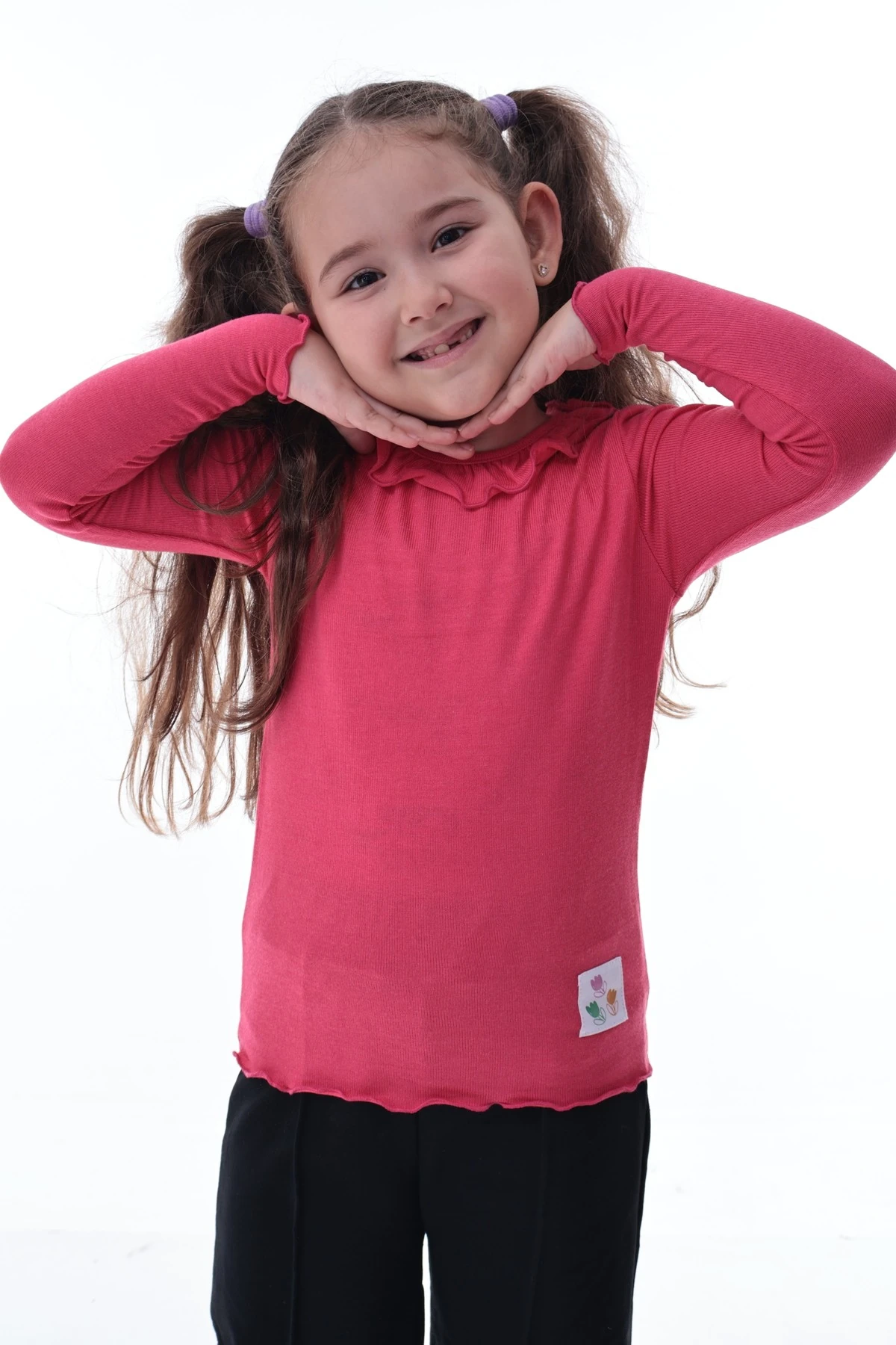 Kız Çocuk %100 Pamuk Uzun Kollu Fırfırlı Tişört – Pembe Rahat Esnek Günlük Basic Üst