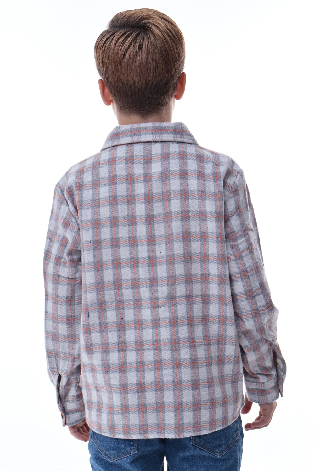 Gri Turuncu Ekose Erkek Çocuk Oduncu Gömlek Düğmeli Rahat Kalıp