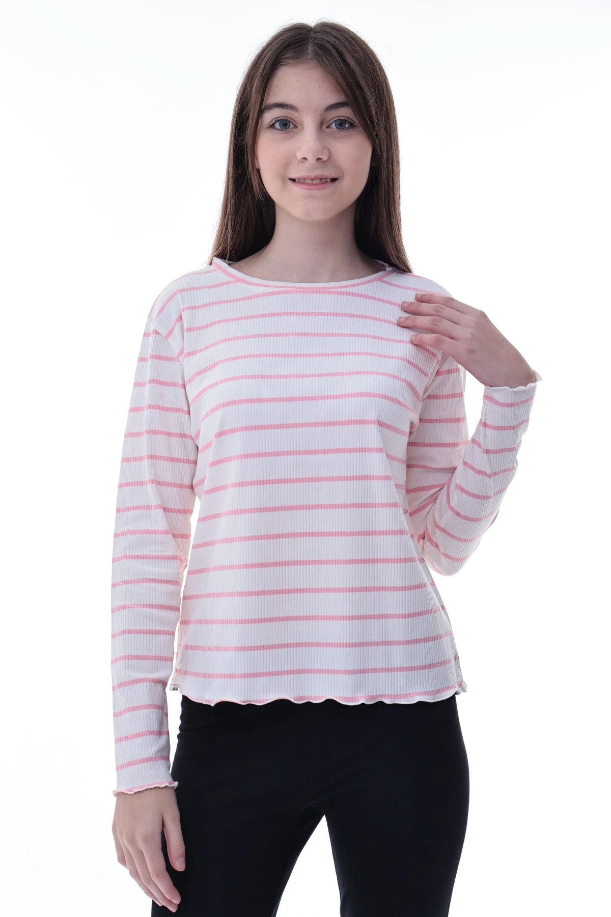 Kız Çocuk Çizgili Uzun Kollu Bluz – Fırfırlı Yaka, Rahat Günlük Giyim, Esnek Kumaş