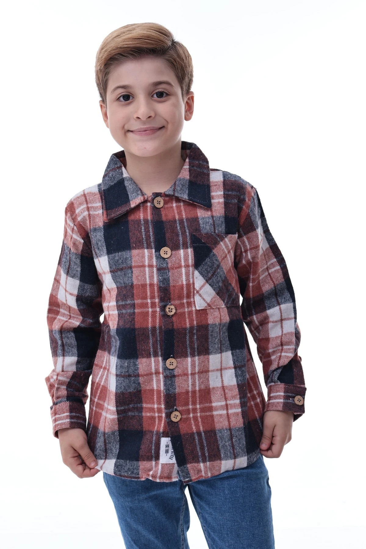 Kahverengi Lacivert Ekose Erkek Çocuk Oduncu Gömlek Düğmeli Kalın Kumaş