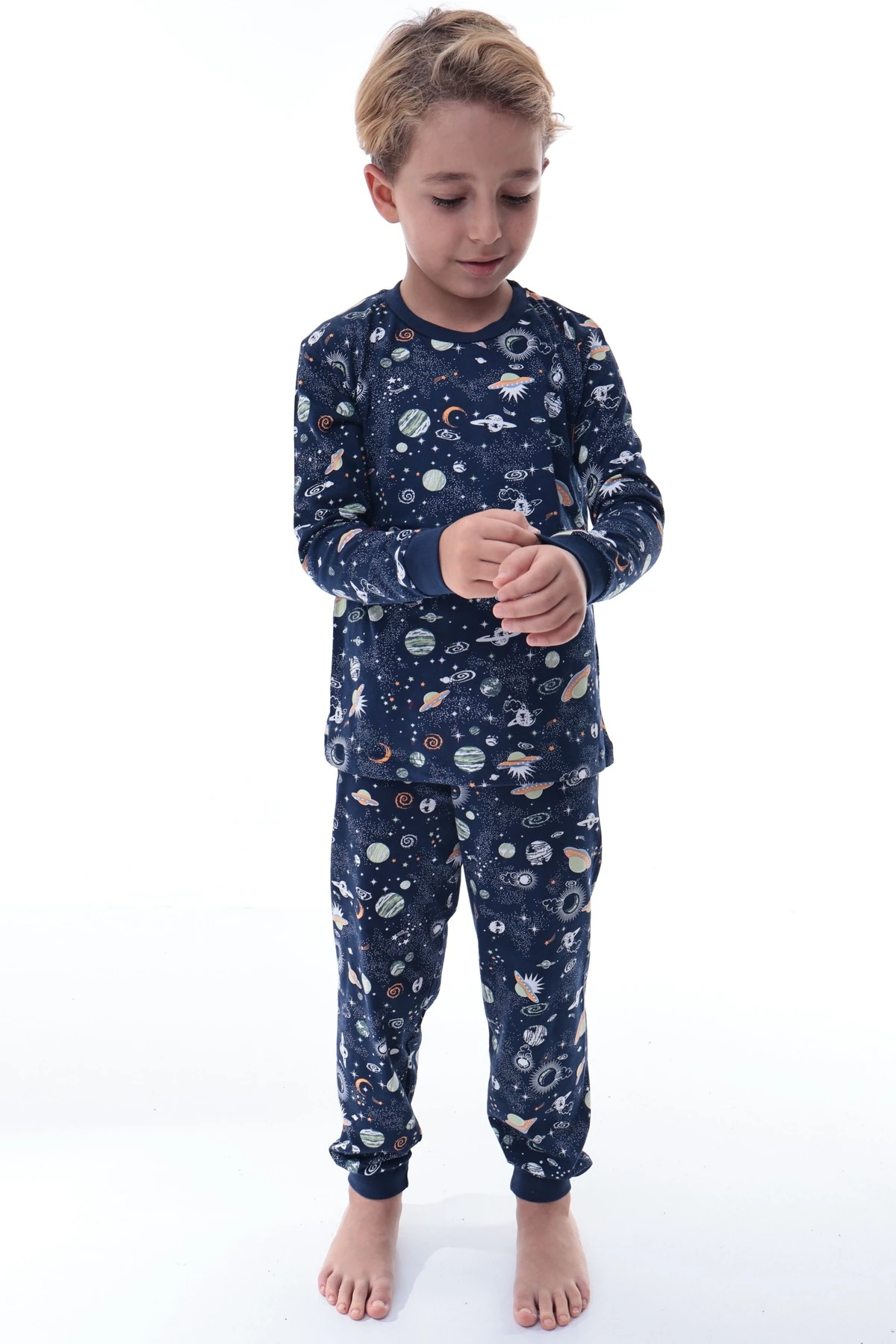 Erkek Çocuk %100 Pamuk Uzay Desenli Pijama Takımı - Pamuklu Rahat Kışlık Takım