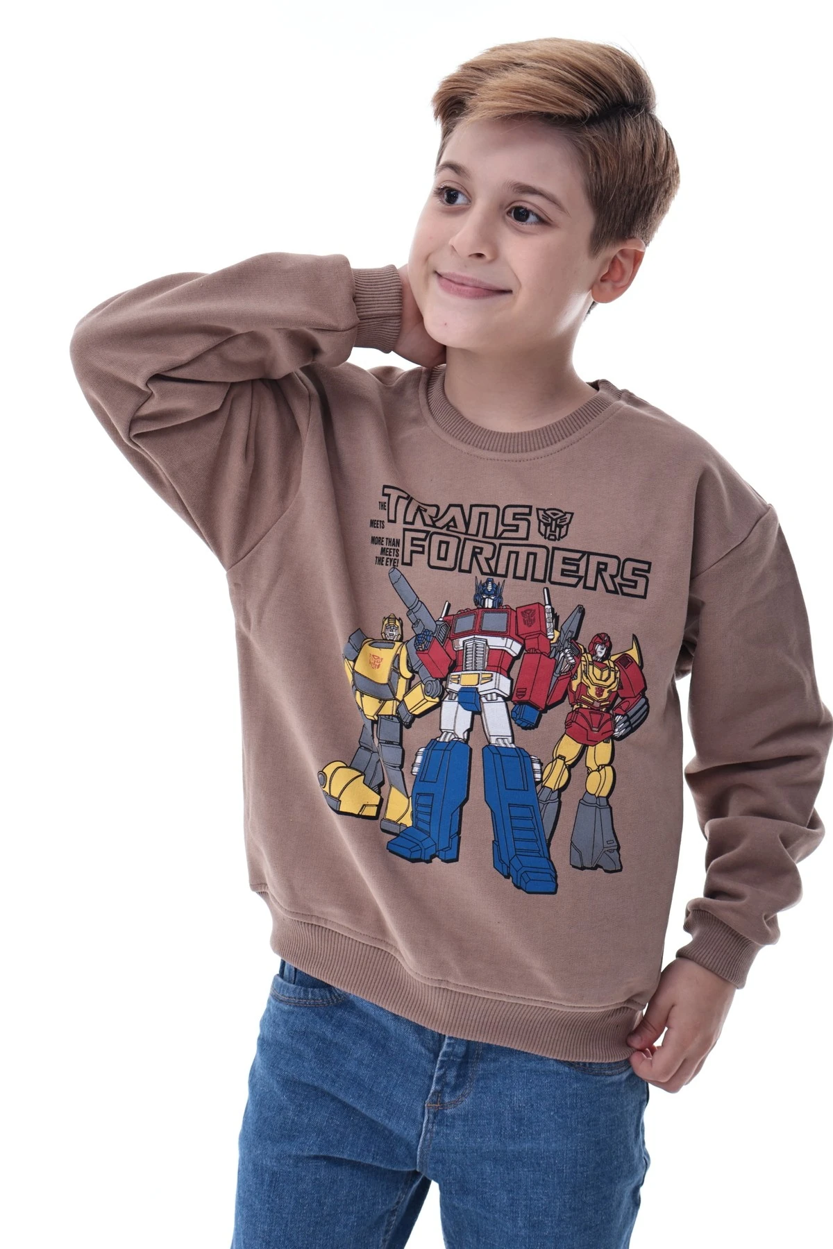 Kahverengi Erkek Çocuk Transformers Baskılı Sweatshirt