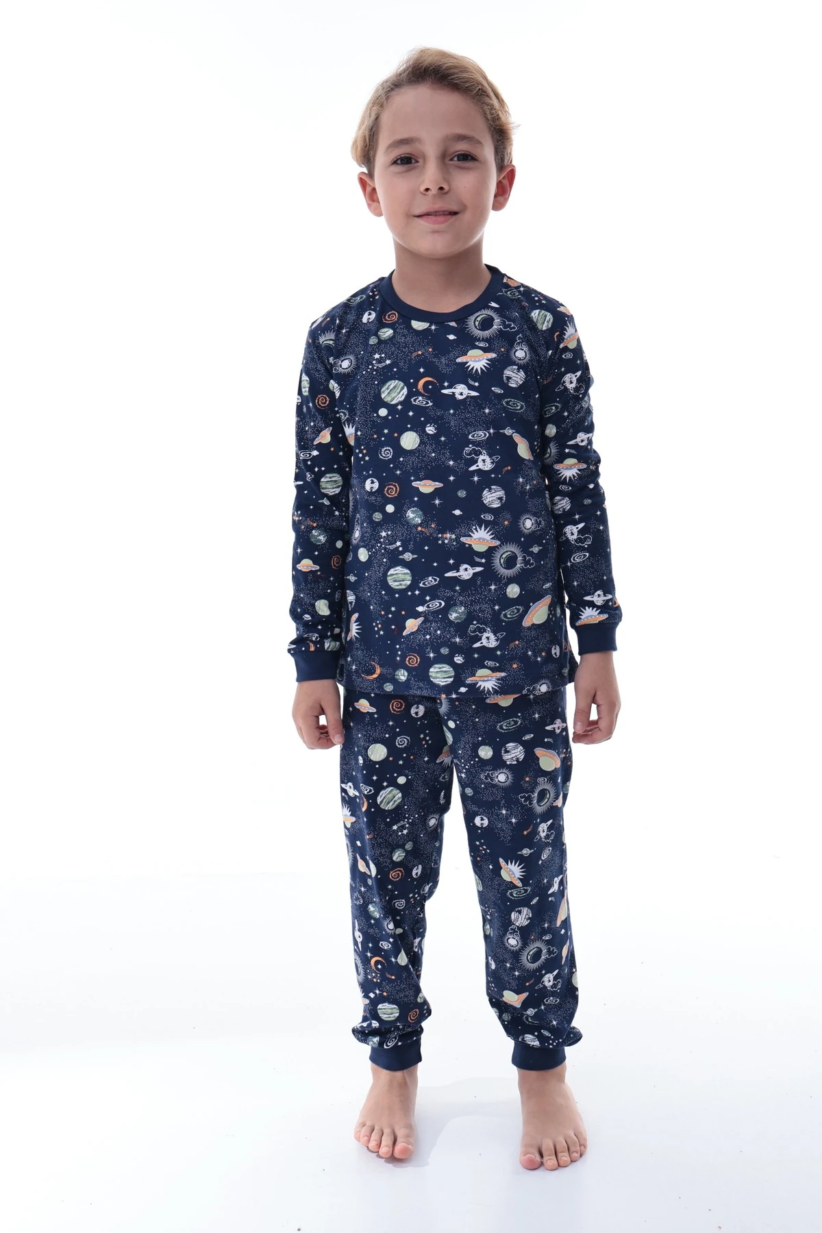 Erkek Çocuk %100 Pamuk Uzay Desenli Pijama Takımı - Pamuklu Rahat Kışlık Takım