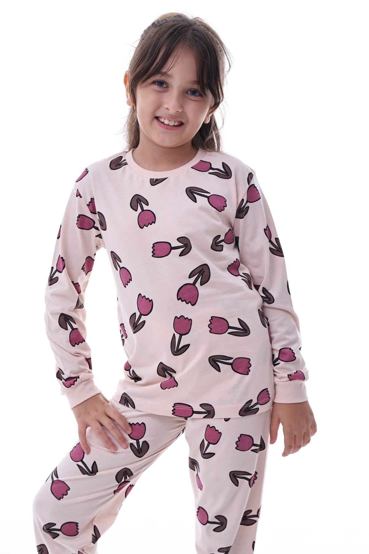 Kız Çocuk %100 Pamuklu Desenli Pijama Takımı – Uzun Kollu Rahat Ev Giyimi