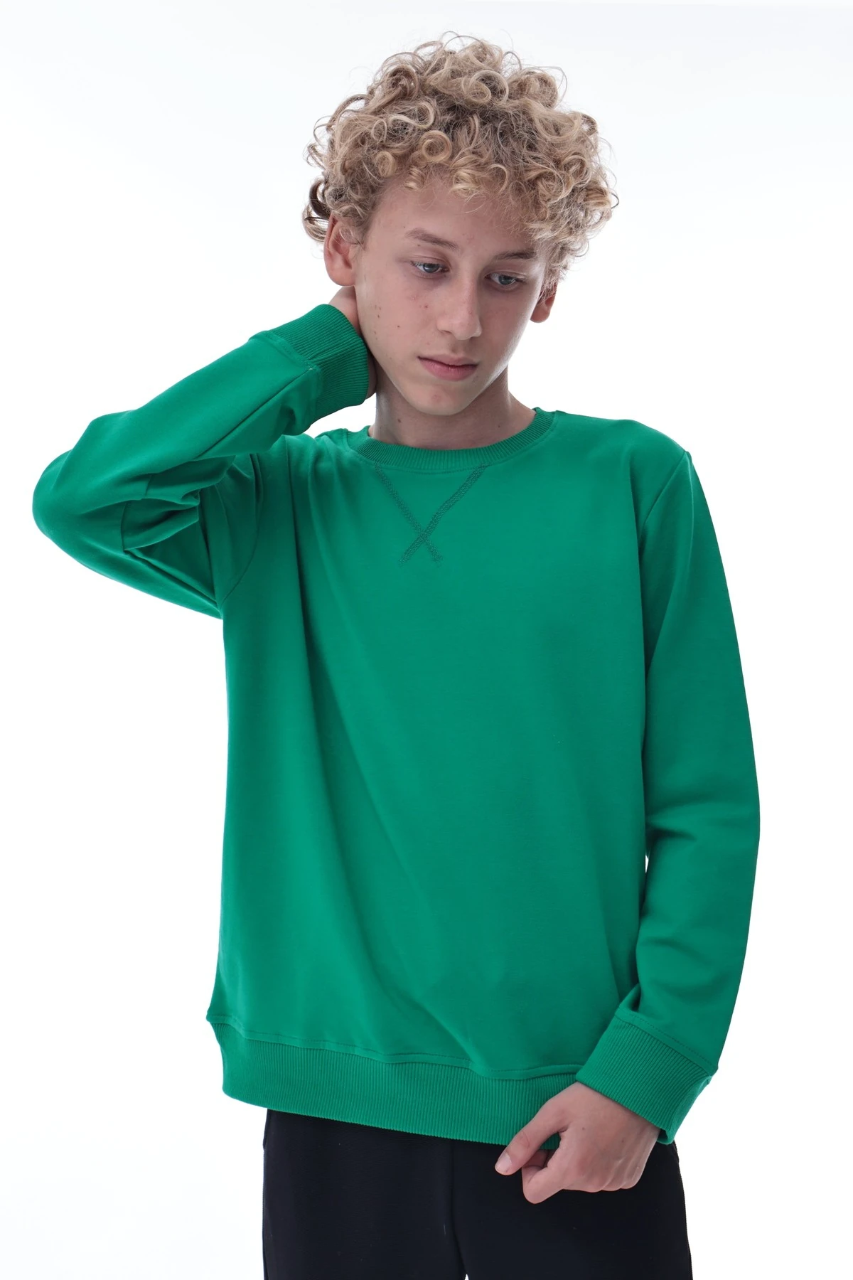 Yeşil Erkek Çocuk Sweatshirt – Rahat Kalıp Pamuklu İki İplik Kumaş