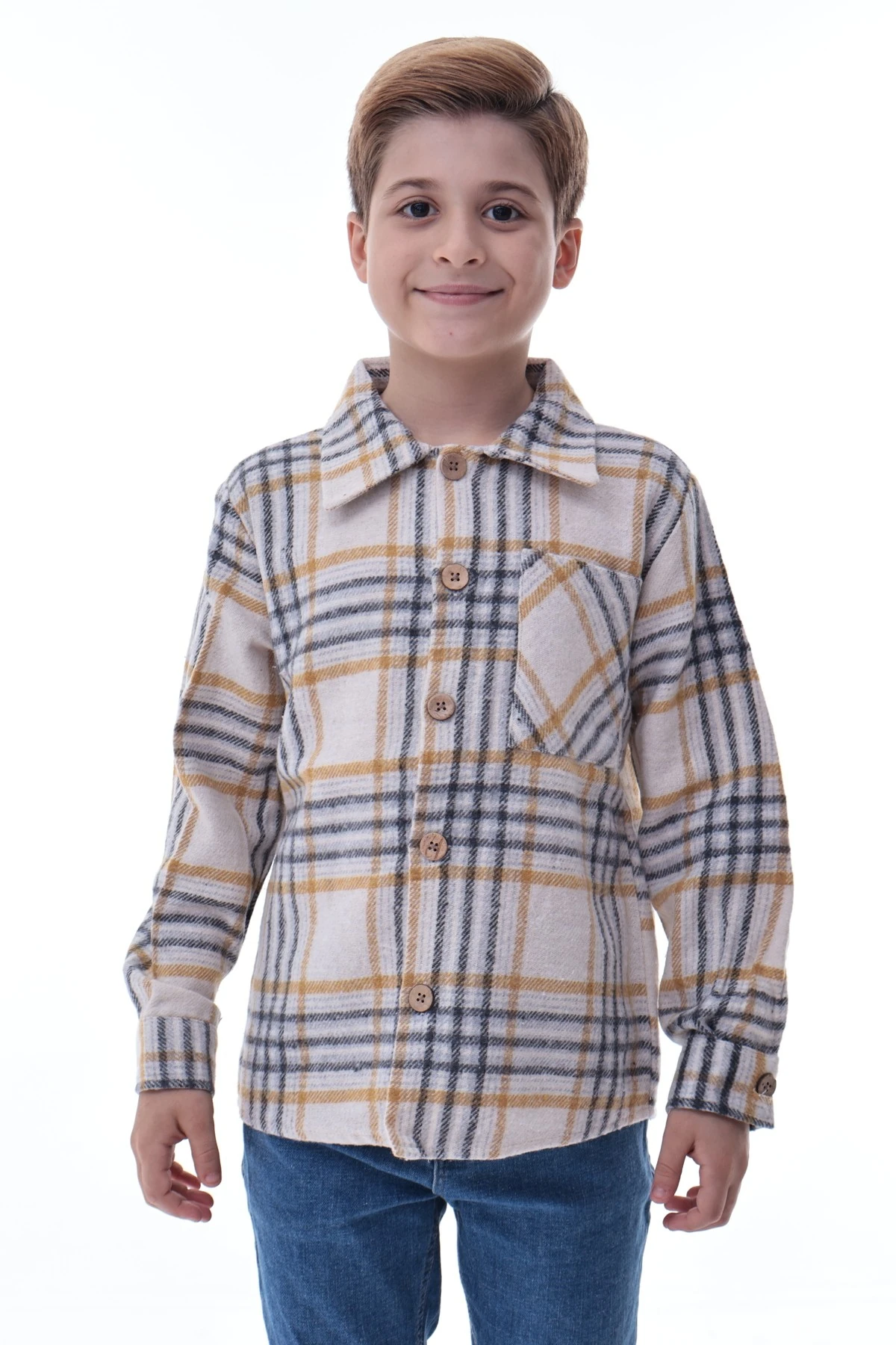 Bej Sarı Ekose Erkek Çocuk Oduncu Gömlek Rahat Kalıp Düğmeli