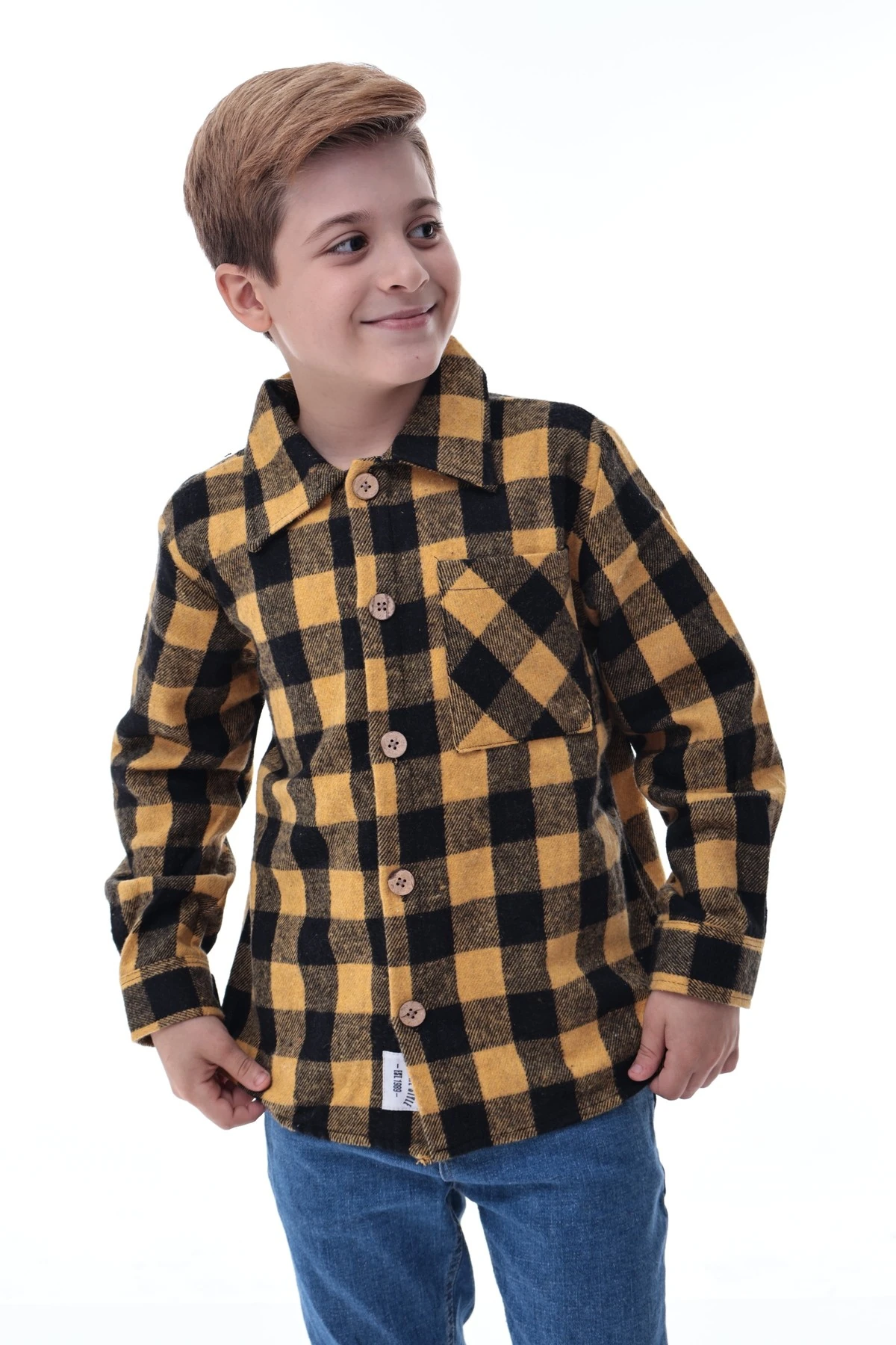 Sarı Siyah Ekose Erkek Çocuk Oduncu Gömlek Kalın Kumaş Düğmeli
