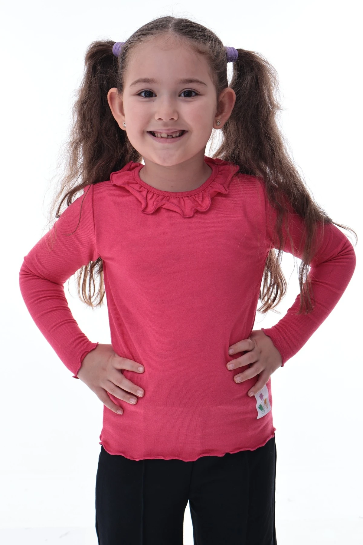 Kız Çocuk %100 Pamuk Uzun Kollu Fırfırlı Tişört – Pembe Rahat Esnek Günlük Basic Üst
