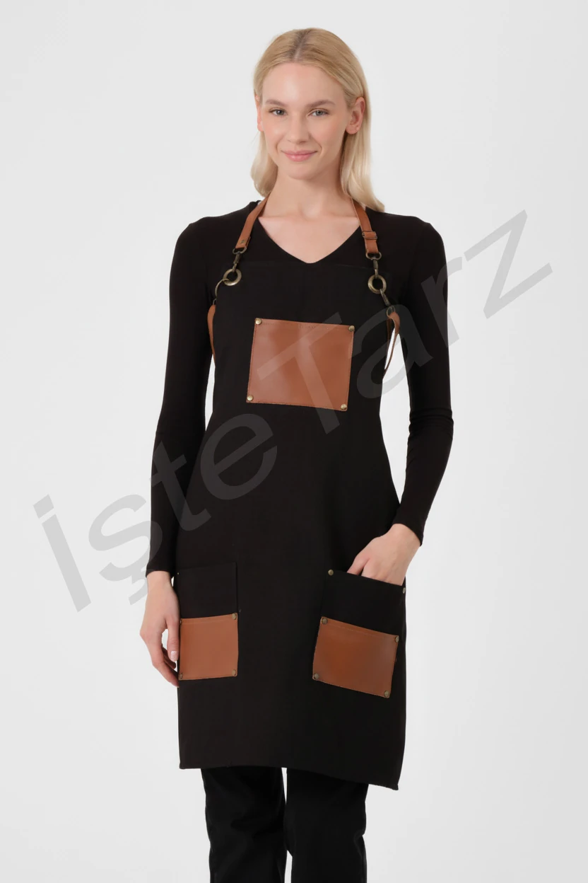 Deri Cepli Gabardin Önlük - Siyah
