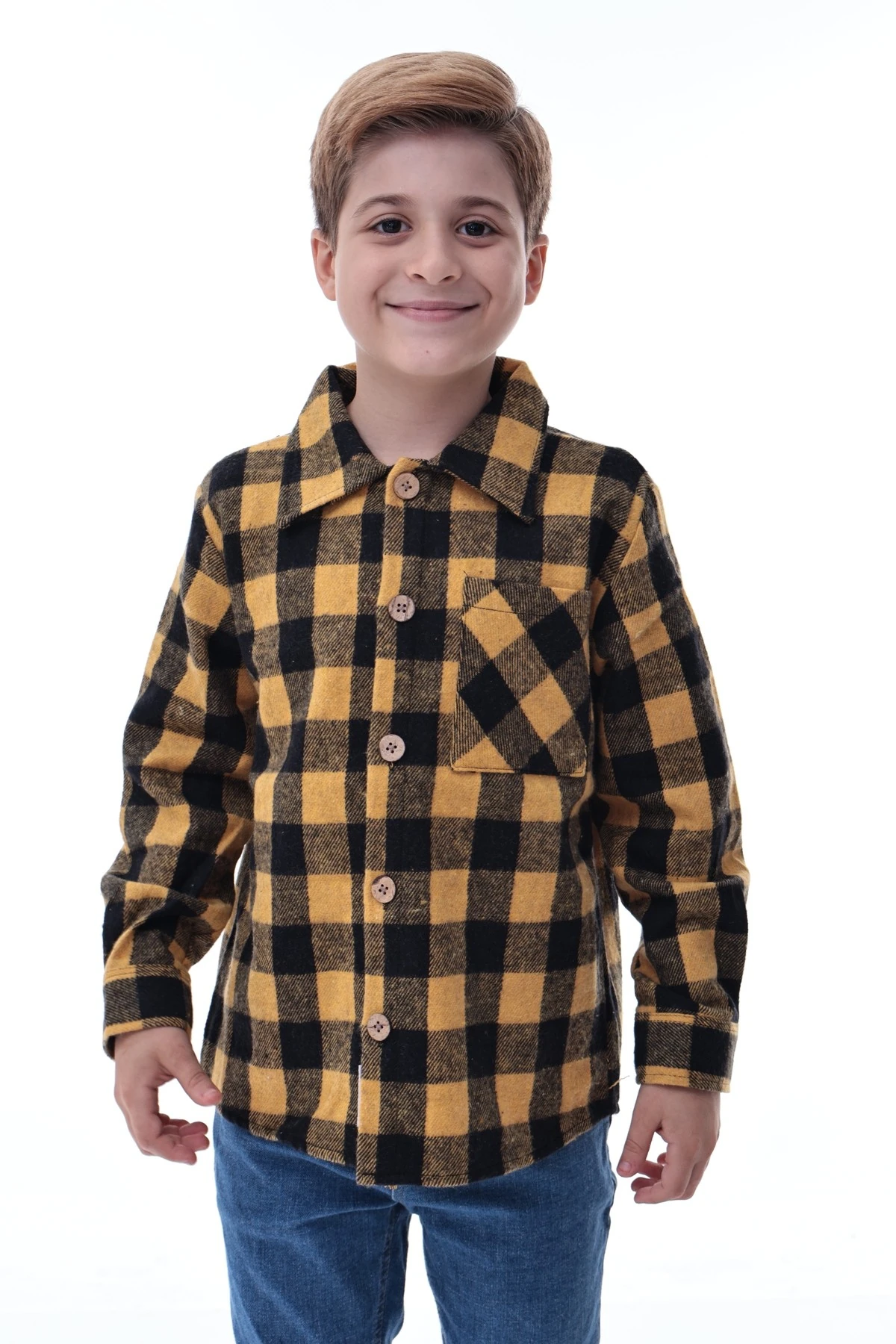 Sarı Siyah Ekose Erkek Çocuk Oduncu Gömlek Kalın Kumaş Düğmeli