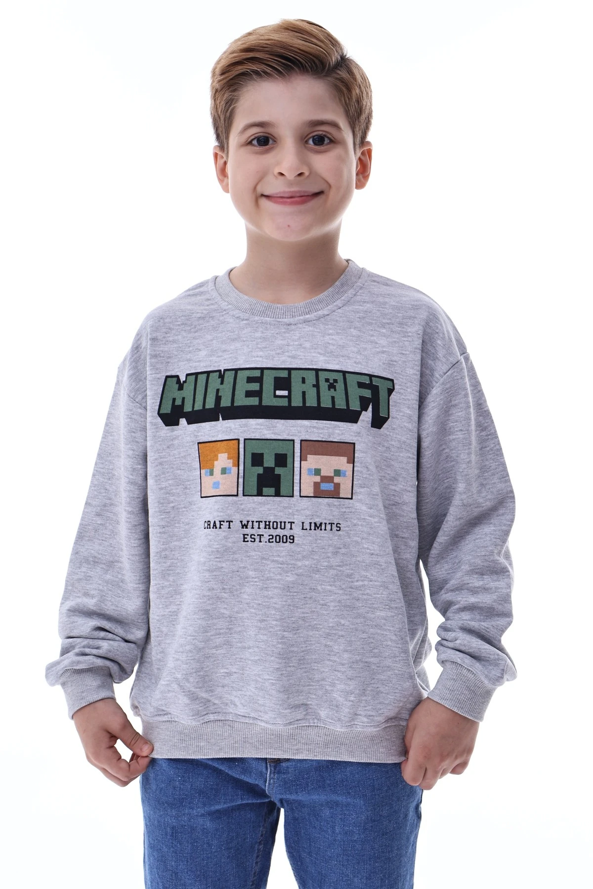 Minecraft Baskılı Erkek Çocuk Sweatshirt Gri Gamer Oyun Temalı