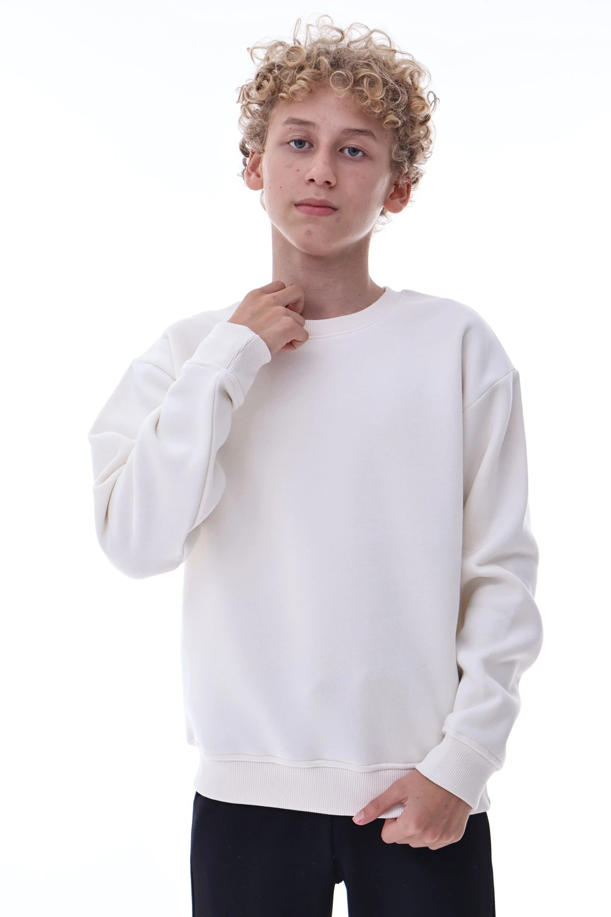 Ekru Erkek Çocuk Sweat – Pamuklu Rahat Kalıp Basic Uzun Kollu