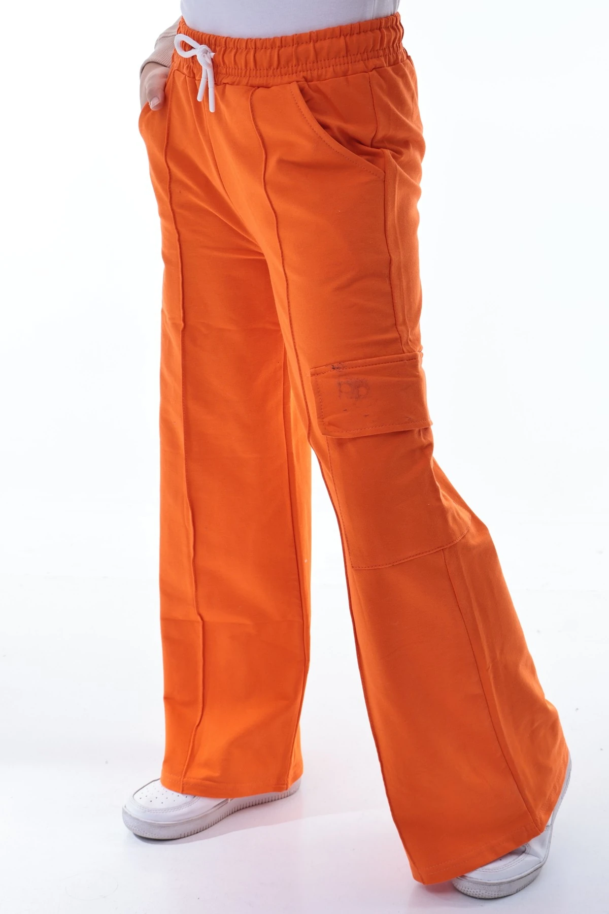 Kız Çocuk Turuncu Kargo Geniş Paça Eşofman Altı 5-14 Yaş Rahat Günlük Pantolon