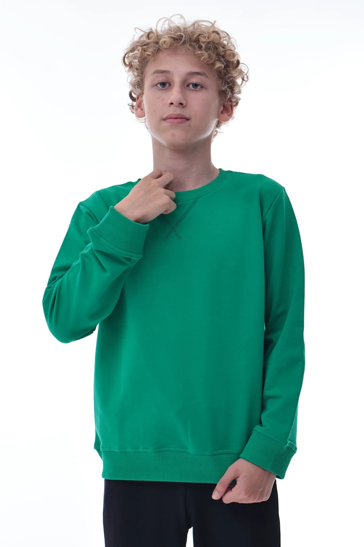 Yeşil Erkek Çocuk Sweatshirt – Rahat Kalıp Pamuklu İki İplik Kumaş
