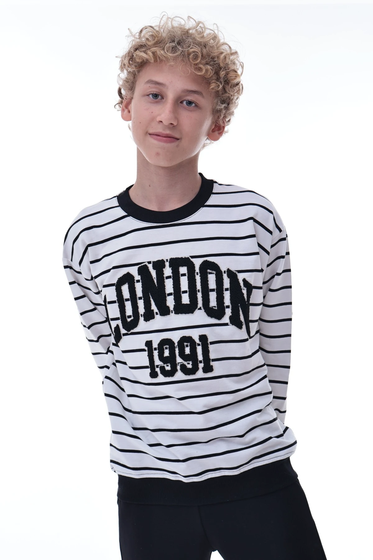 Erkek Çocuk London 1991 Baskılı Çizgili Sweatshirt – Siyah Beyaz Pamuklu