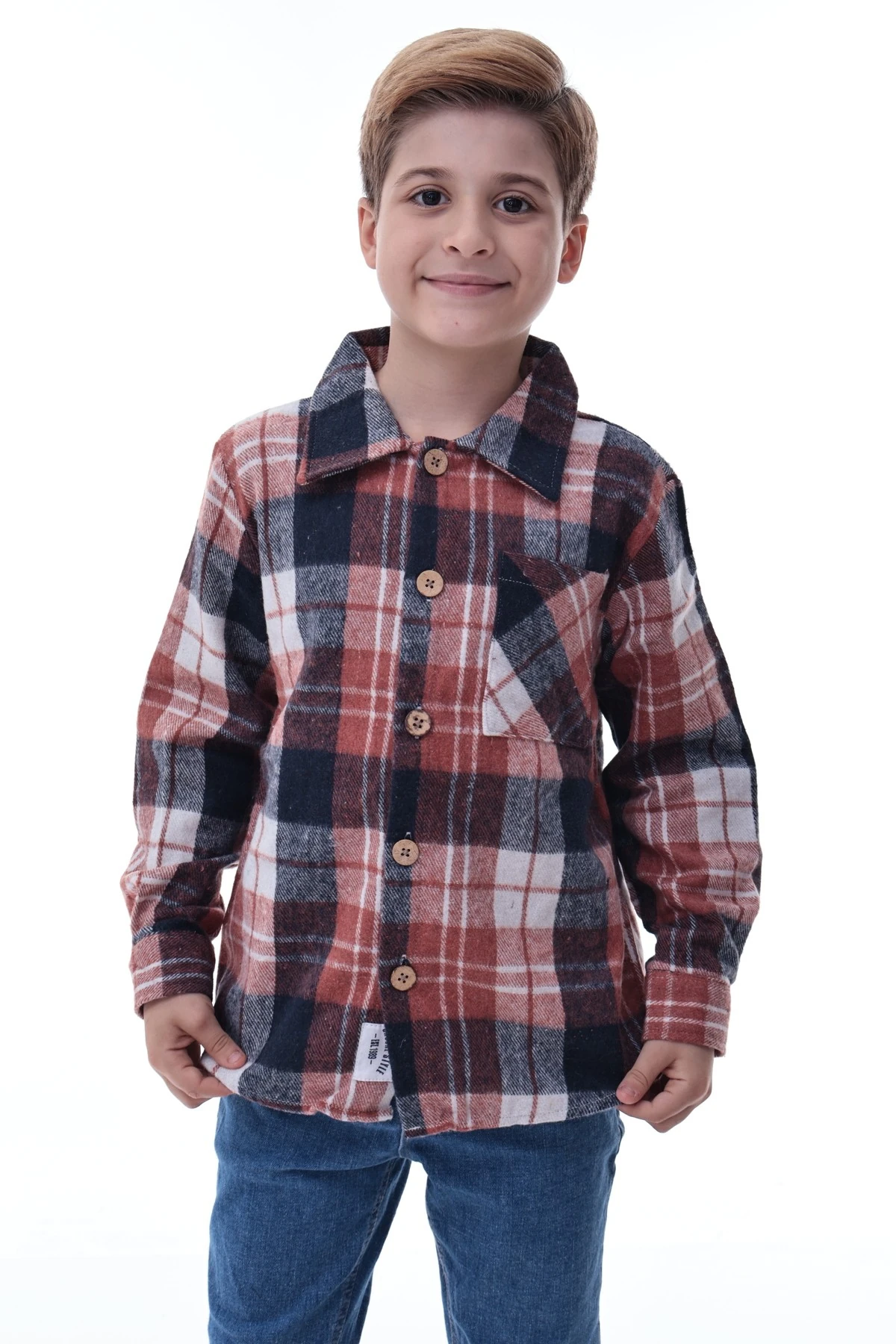 Kahverengi Lacivert Ekose Erkek Çocuk Oduncu Gömlek Düğmeli Kalın Kumaş