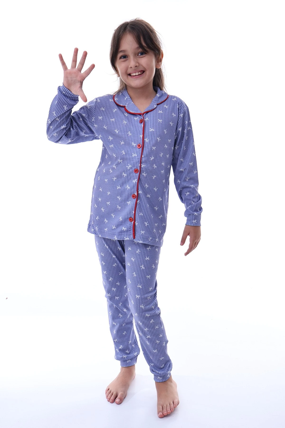 Kız Çocuk %100 Pamuk Uzun Kollu Pijama Takımı – Fiyonk Desenli Rahat Ev Giyim Seti