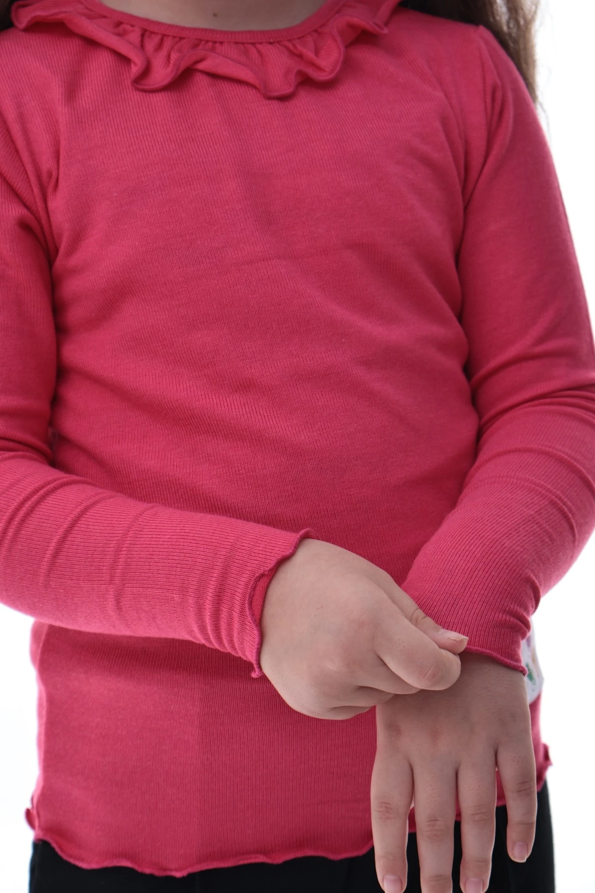 Kız Çocuk %100 Pamuk Uzun Kollu Fırfırlı Tişört – Pembe Rahat Esnek Günlük Basic Üst