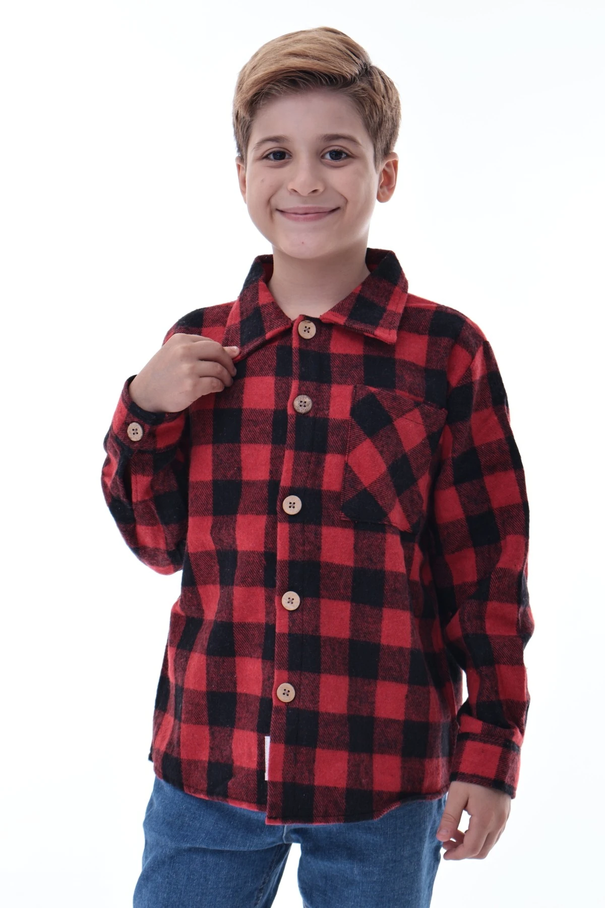 Kırmızı Siyah Ekose Erkek Çocuk Oduncu Gömlek Rahat Kalıp Düğmeli
