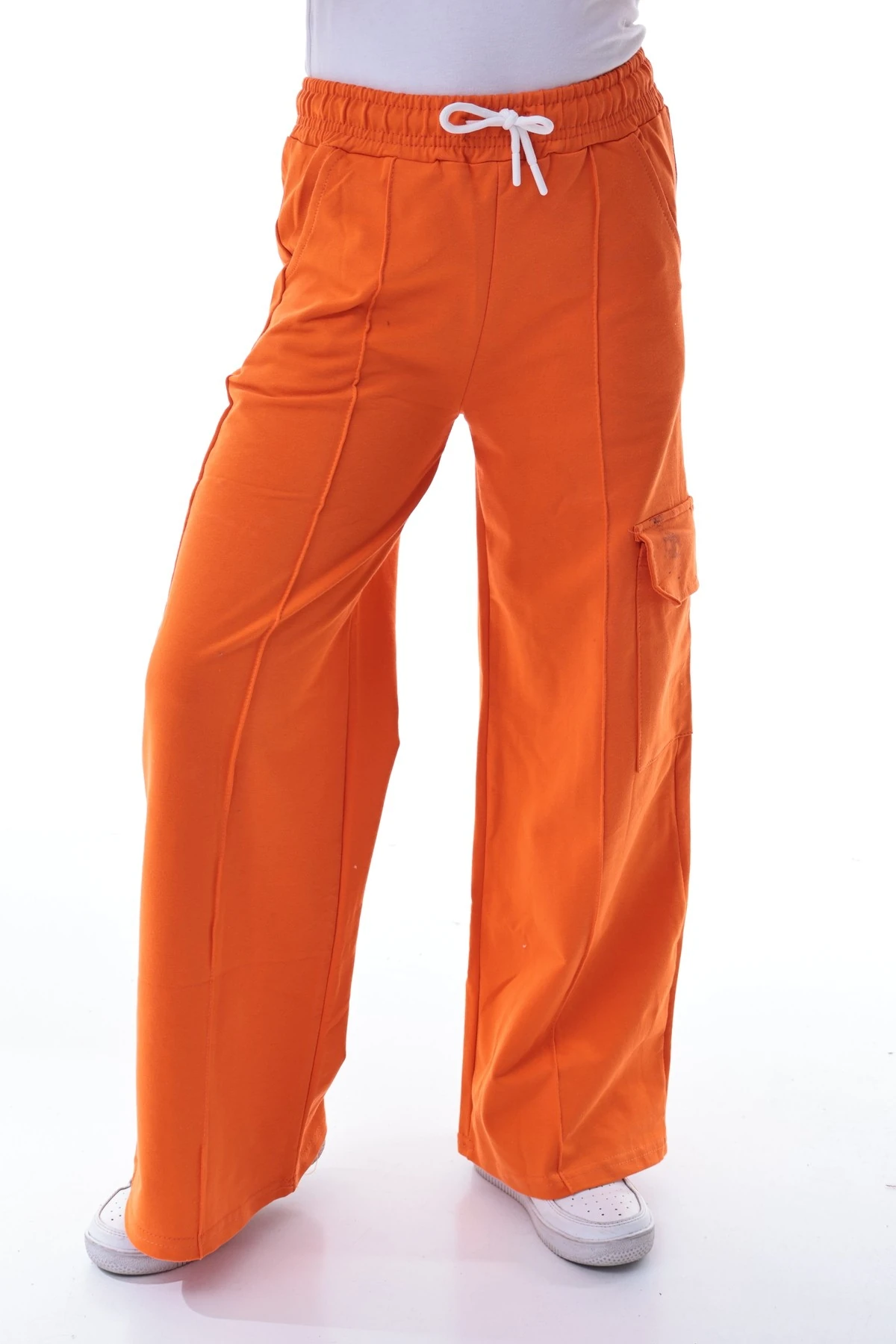 Kız Çocuk Turuncu Kargo Geniş Paça Eşofman Altı 5-14 Yaş Rahat Günlük Pantolon