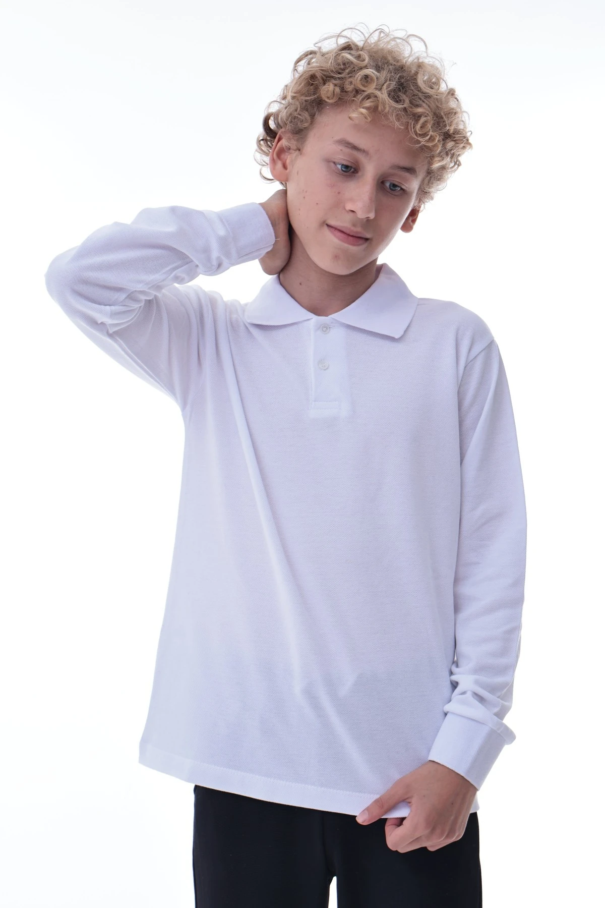 Erkek Çocuk Beyaz Uzun Kollu Polo Yaka Tişört – Pamuklu Rahat Günlük Çocuk Üst