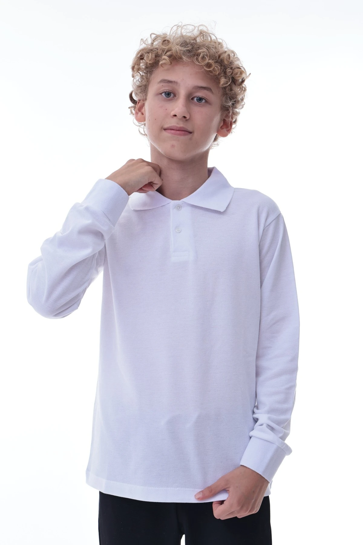 Erkek Çocuk Beyaz Uzun Kollu Polo Yaka Tişört – Pamuklu Rahat Günlük Çocuk Üst