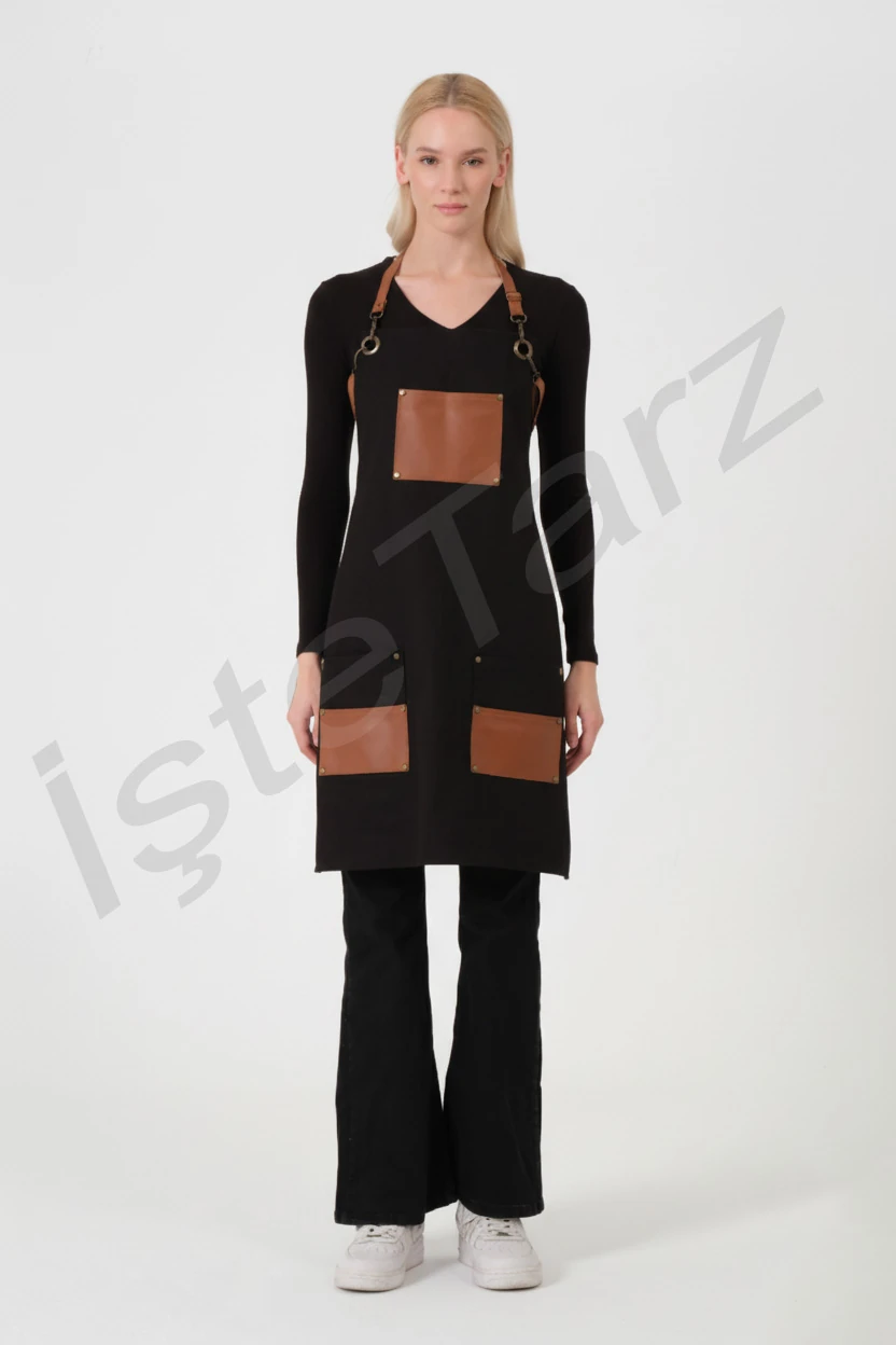 Deri Cepli Gabardin Önlük - Siyah