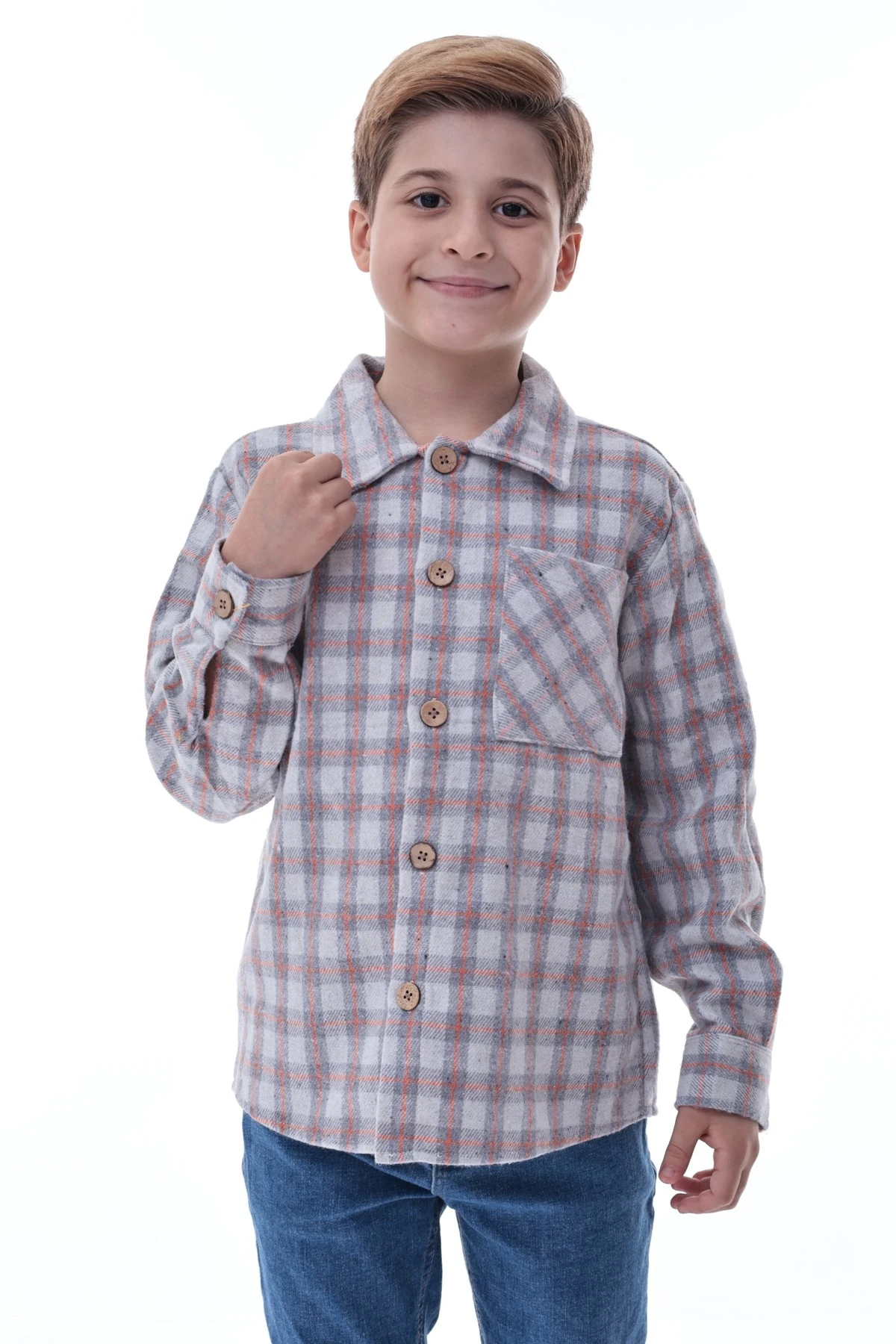 Gri Turuncu Ekose Erkek Çocuk Oduncu Gömlek Düğmeli Rahat Kalıp