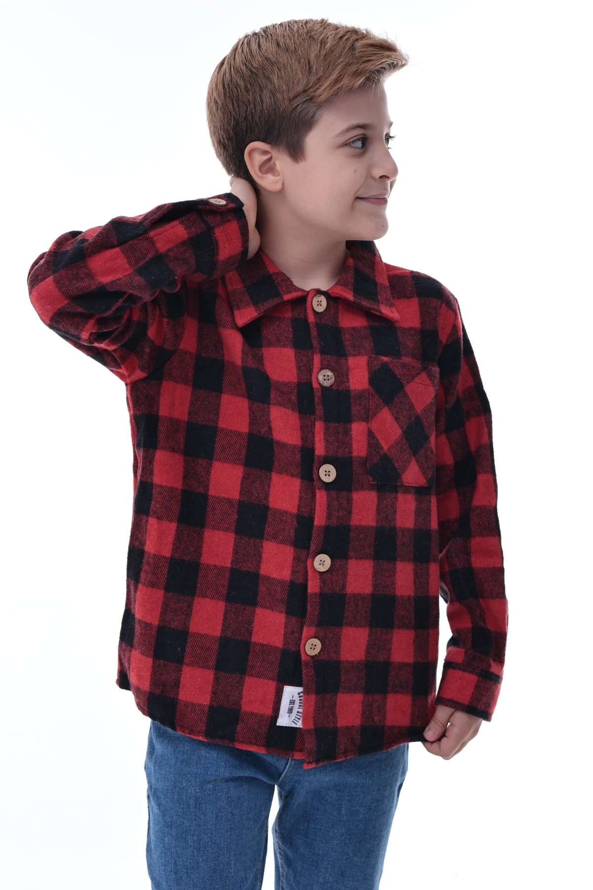 Kırmızı Siyah Ekose Erkek Çocuk Oduncu Gömlek Rahat Kalıp Düğmeli