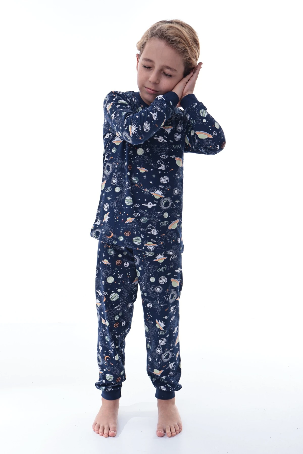 Erkek Çocuk %100 Pamuk Uzay Desenli Pijama Takımı - Pamuklu Rahat Kışlık Takım