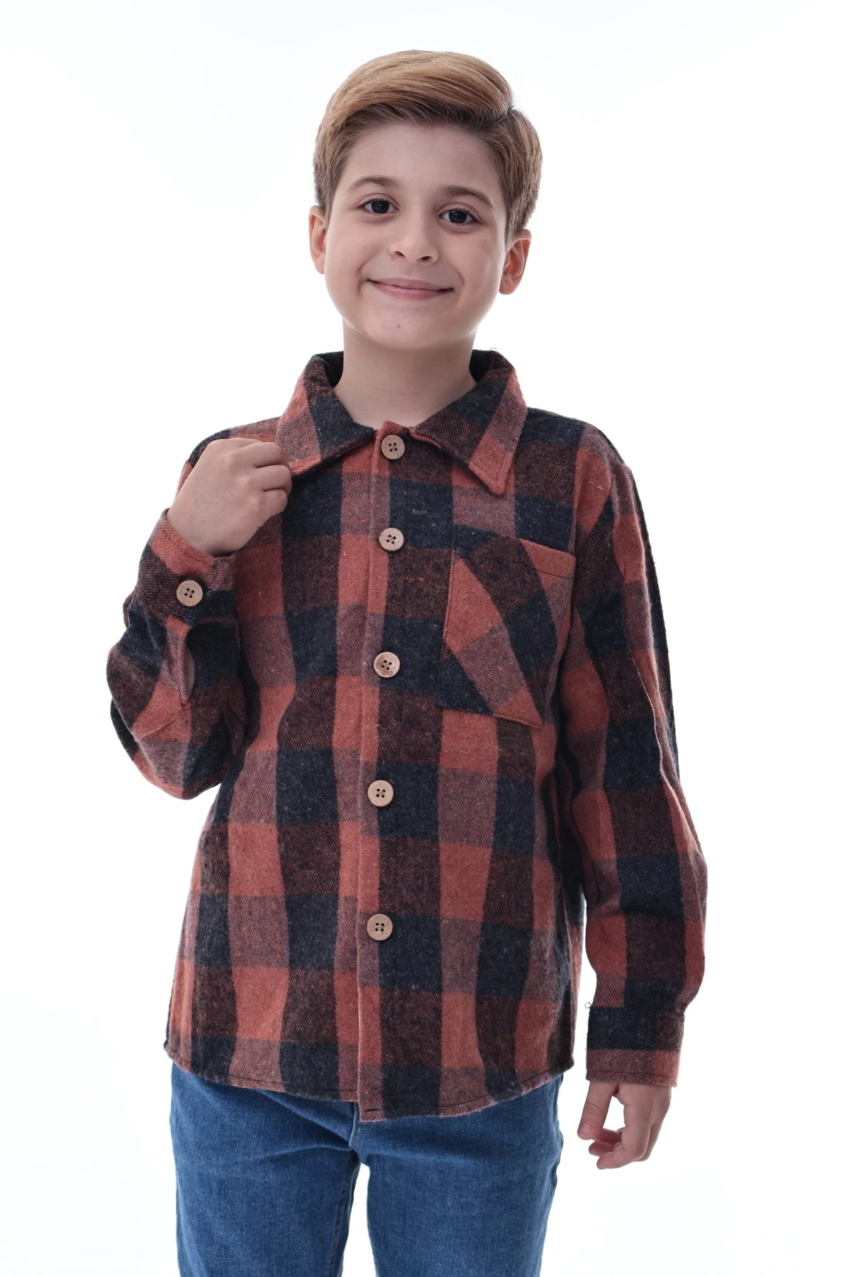 Kahverengi Ekose Erkek Çocuk Oduncu Gömlek Düğmeli Rahat Kalıp