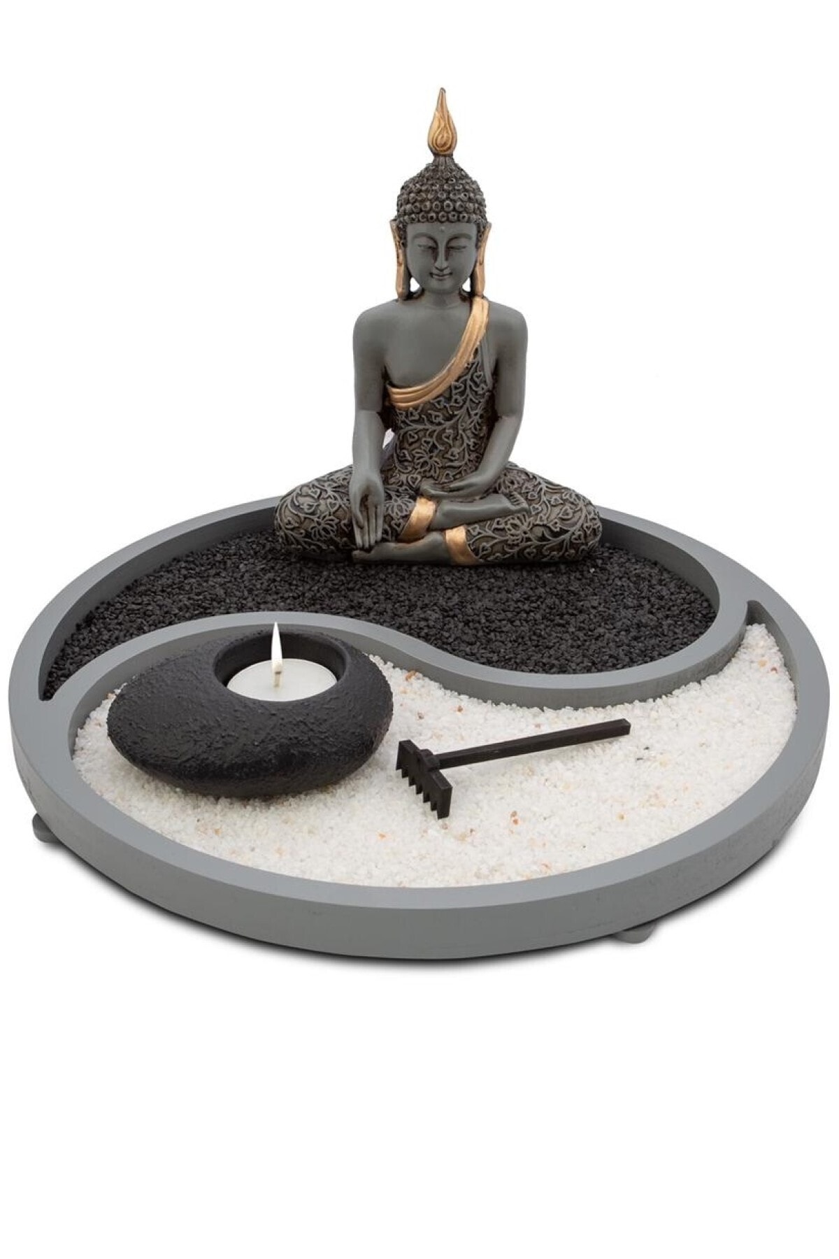 Buda Figürlü Yin-yang Sembolü Ve Mumluk Biblo Büyük Siyah-beyaz
