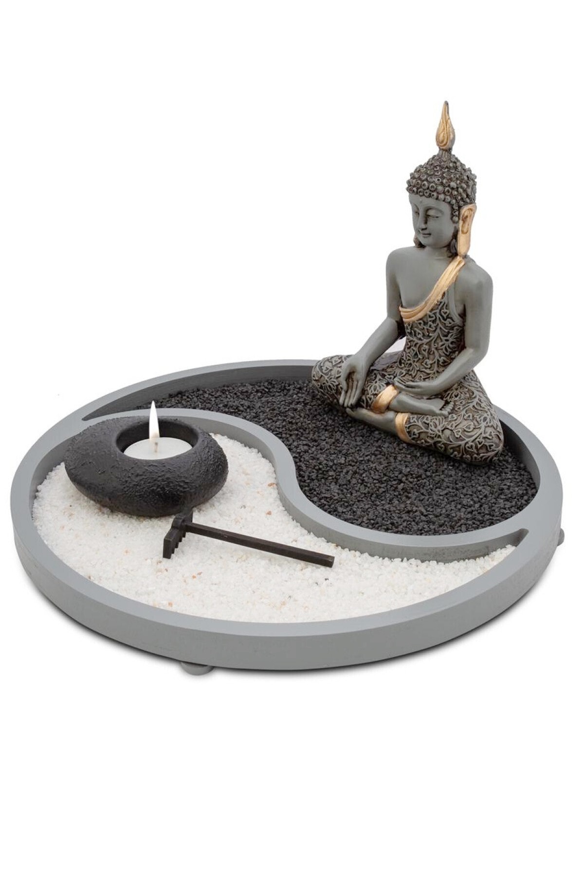 Buda Figürlü Yin-yang Sembolü Ve Mumluk Biblo Büyük Siyah-beyaz
