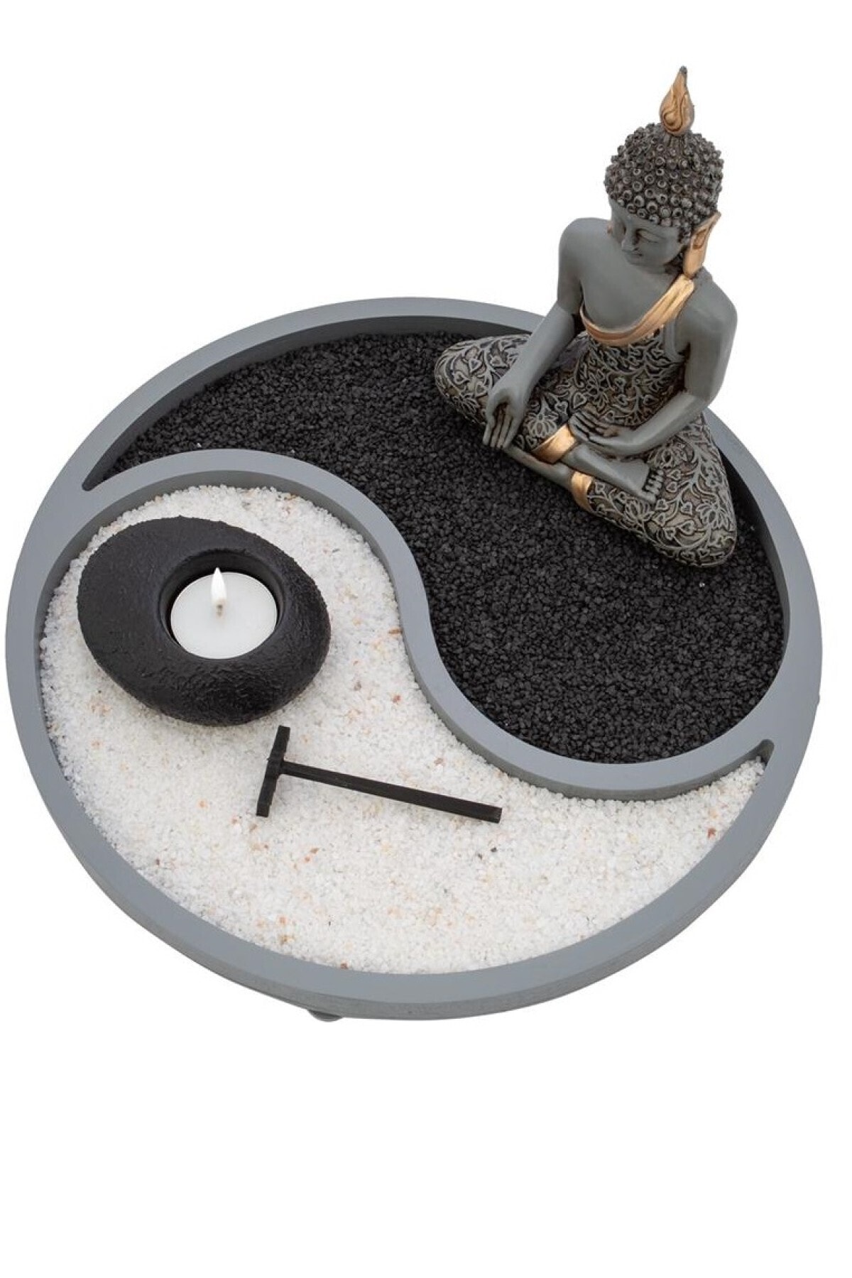 Buda Figürlü Yin-yang Sembolü Ve Mumluk Biblo Büyük Siyah-beyaz