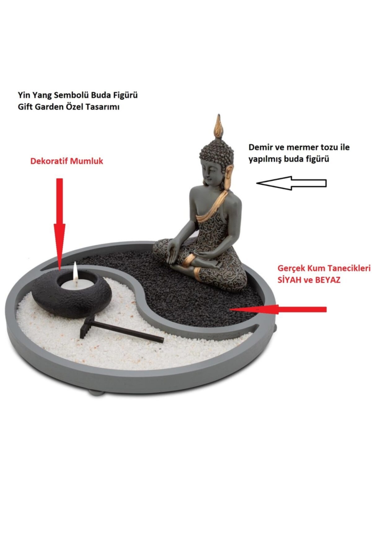 Buda Figürlü Yin-yang Sembolü Ve Mumluk Biblo Büyük Siyah-beyaz