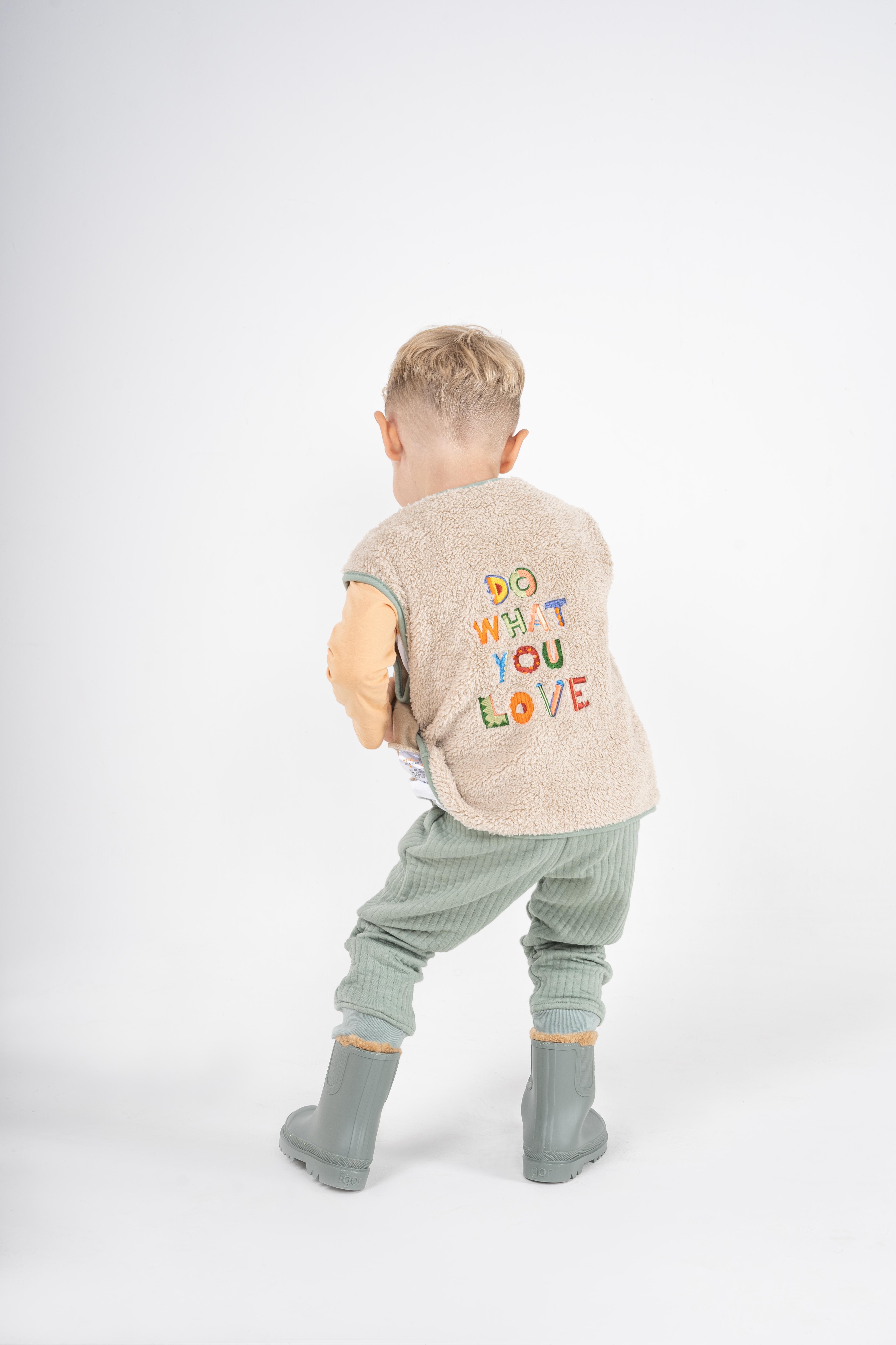 Miela kids Slogan Nakışlı Peluş Yelek - Bej