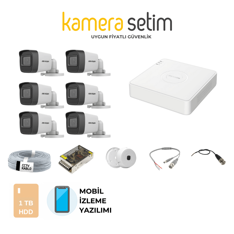 Hikvision 6 Kameralı Gece Görüşlü Kamera Seti