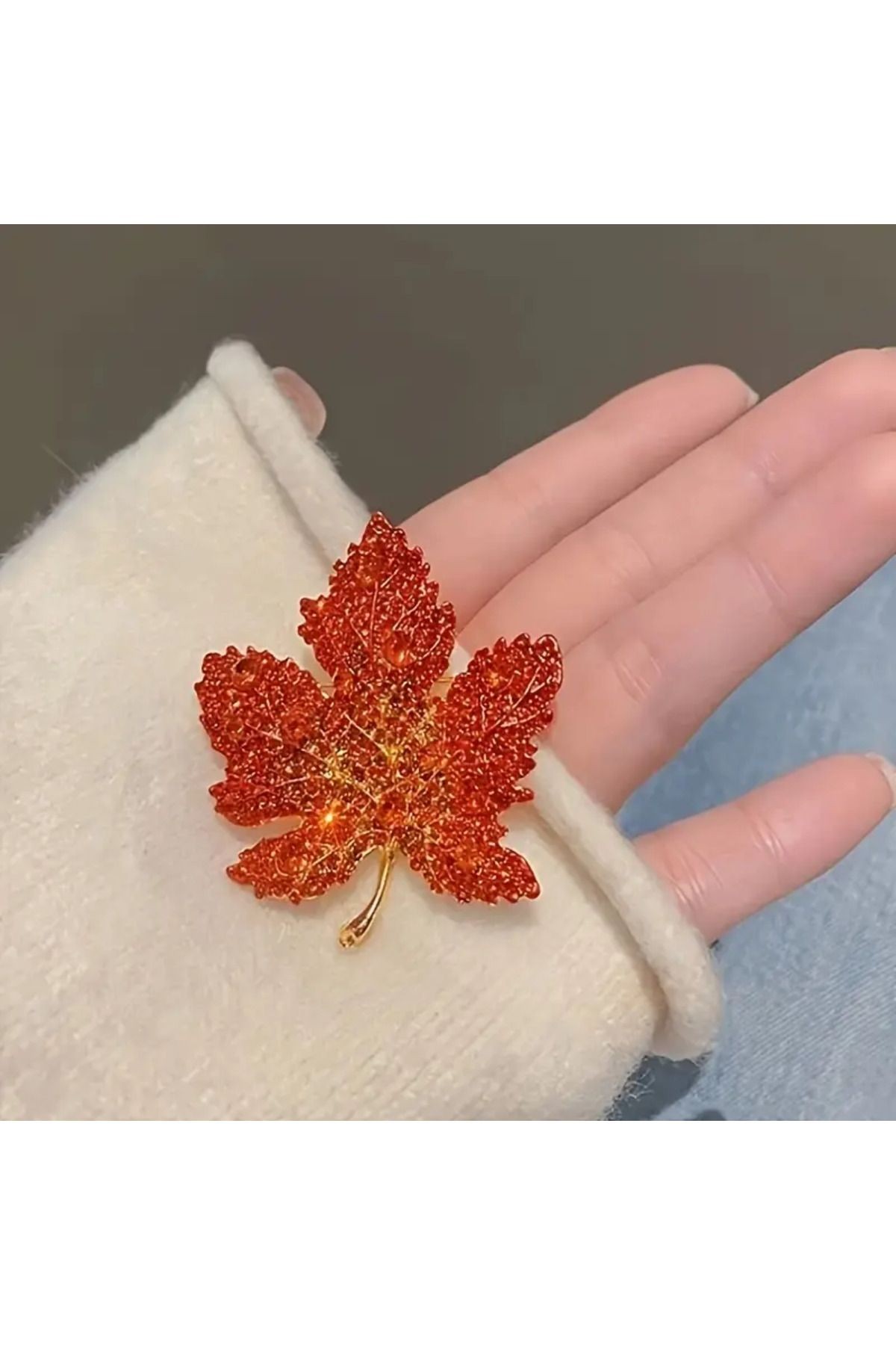 Vintage Akçaağaç Yaprağı Taklidi Kiremit rengi Kristal Moda Aksesuar Broş Yaka İğnesi