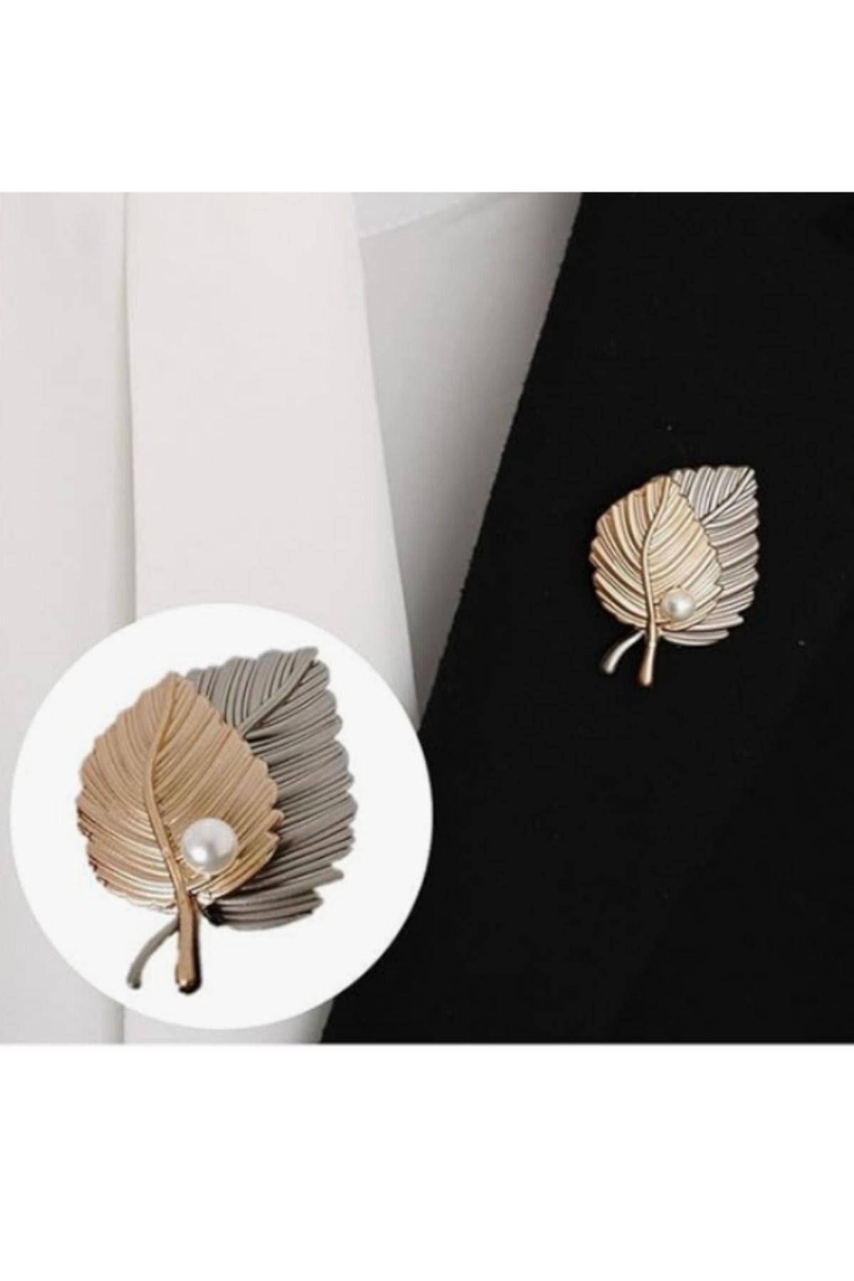 Gold ve Gümüş Yapraklı İnci Detaylı Yaka İğnesi Broş Şık Vintage