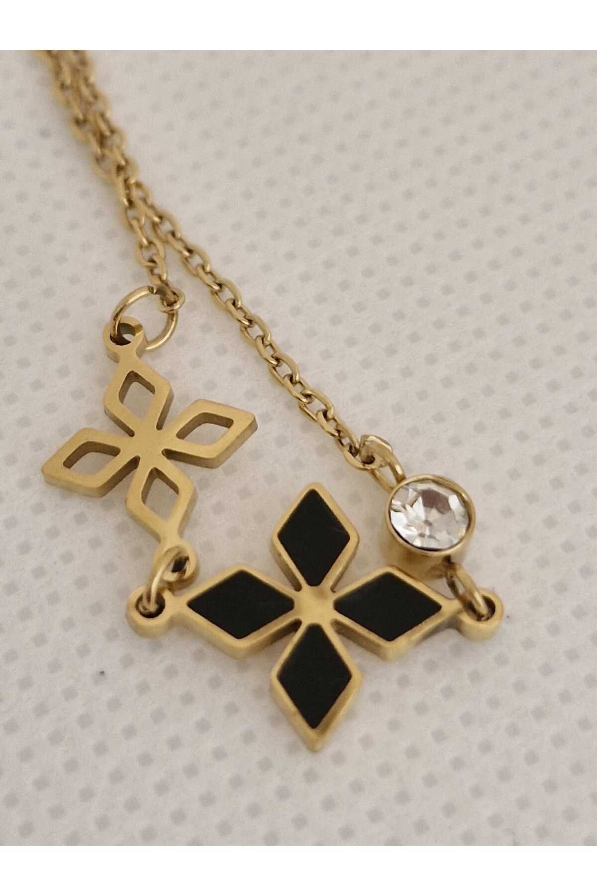 Paslanmaz Çelik Siyah Sedef ve Taşlı Gold Kolye
