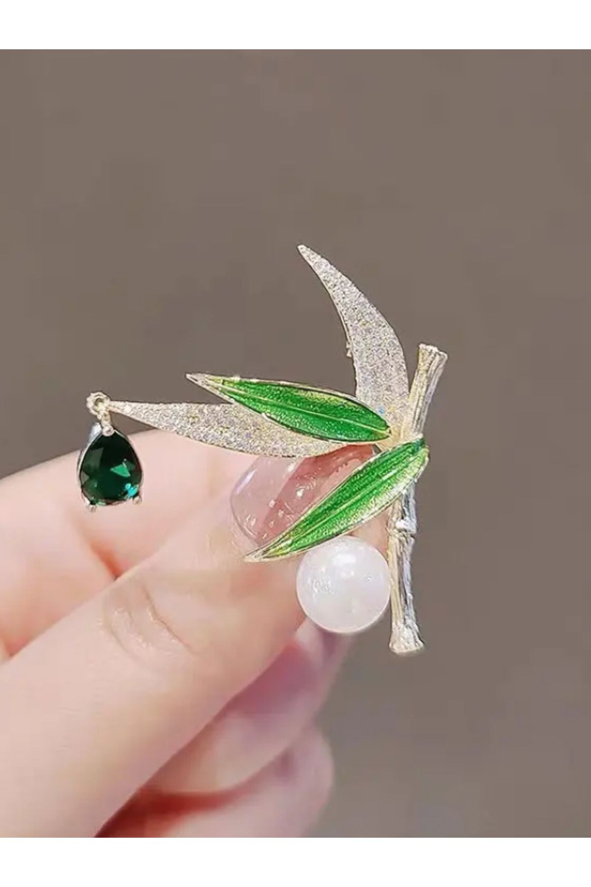 Yeşil Kristal Taşlı İncili Dalında Yaprak Detaylı Vintage Şık Broş Yaka Eşarp İğnesi
