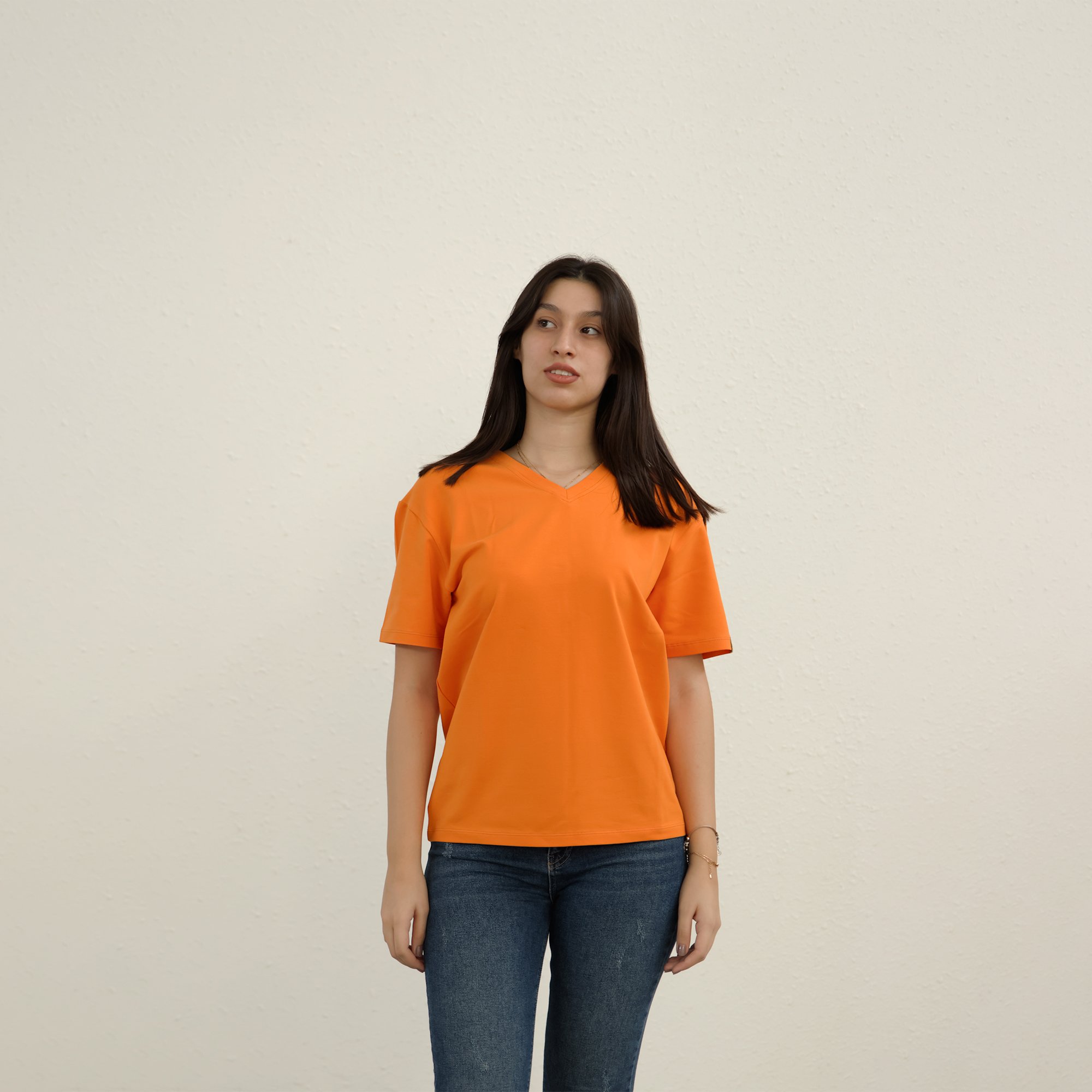 Unisex V Yaka Tişört - Turuncu