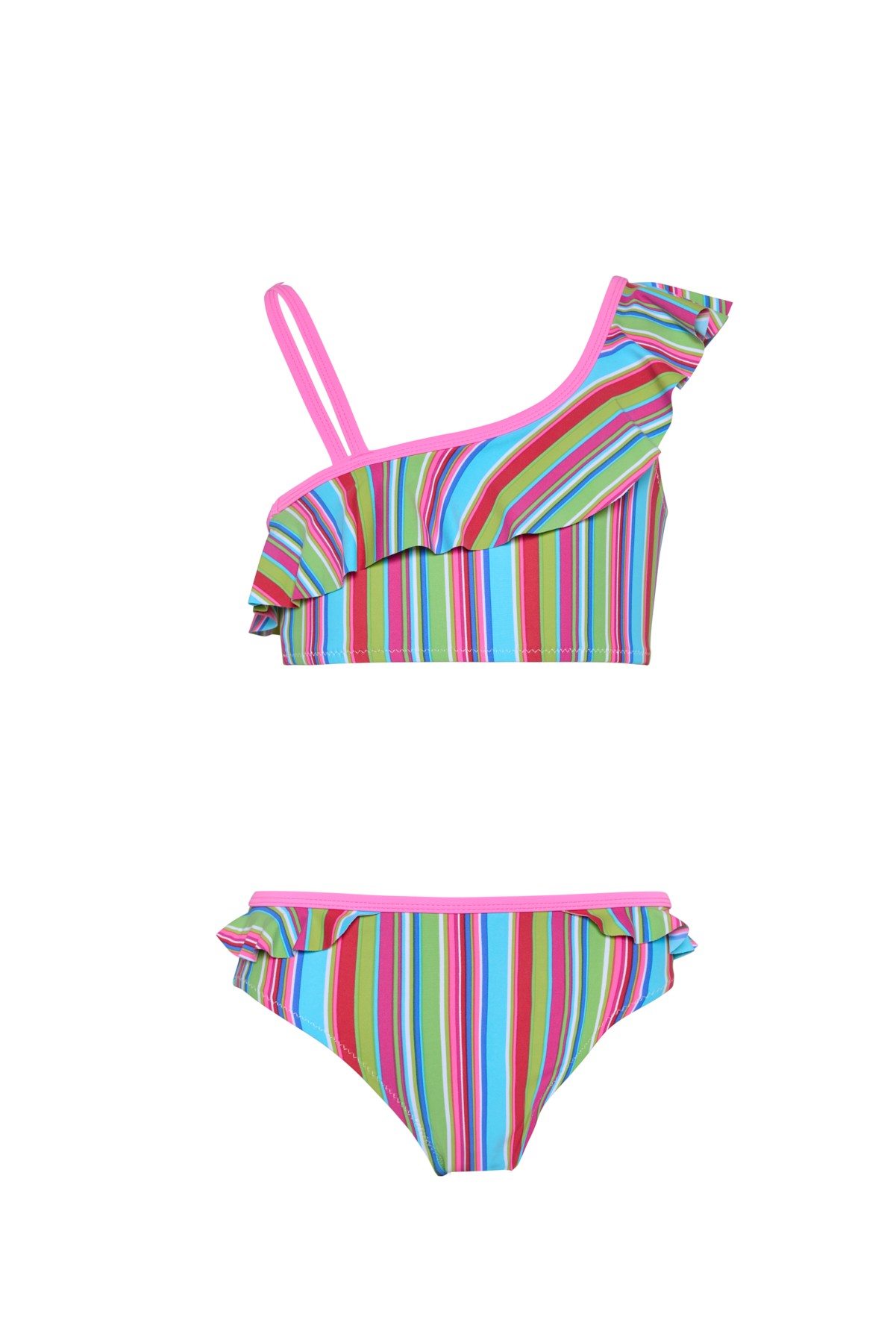 Kız Çocuk Çok Renkli Mavi Çizgili Pembe Biyeli Bikini Takımı 25SG003ST
