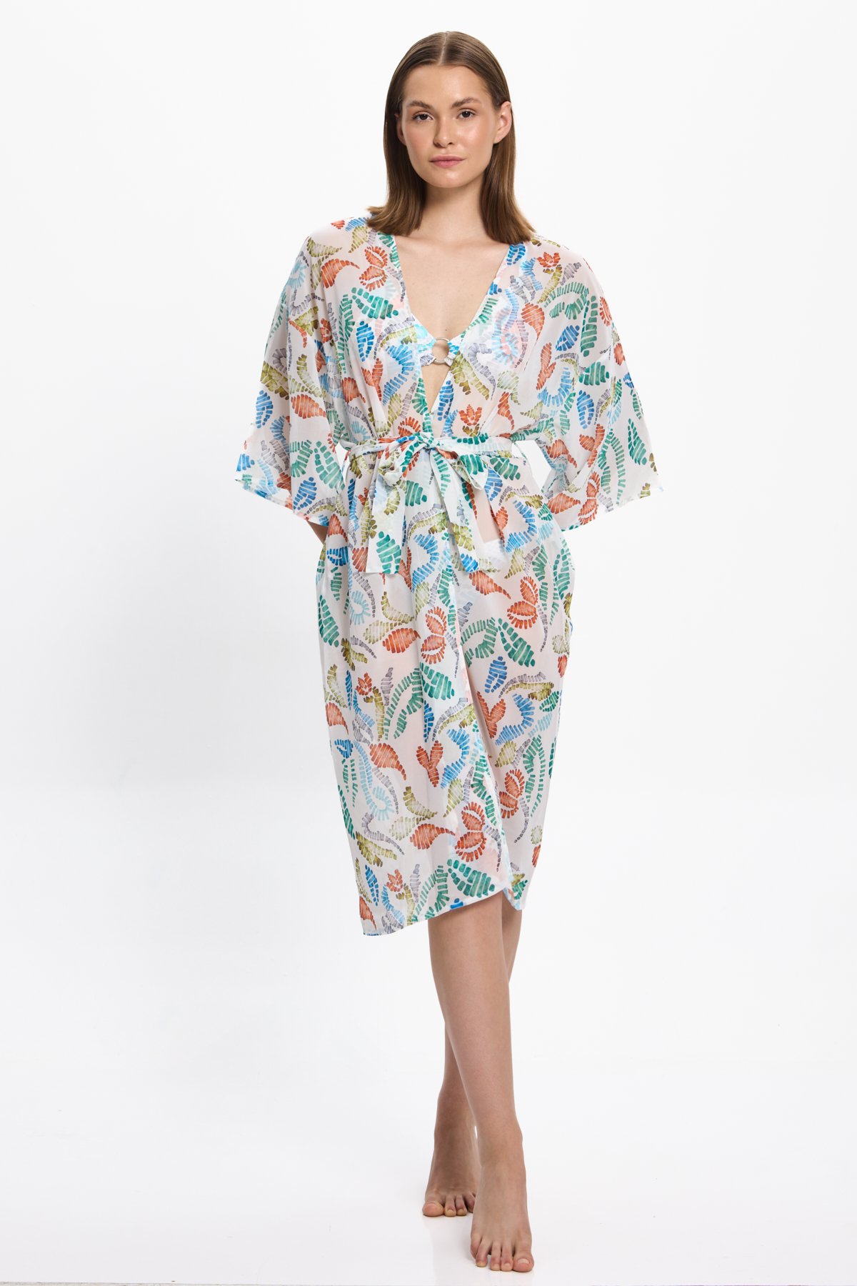Kadın Çok Renkli Geometrik Uzun Kimono 25PL15ST